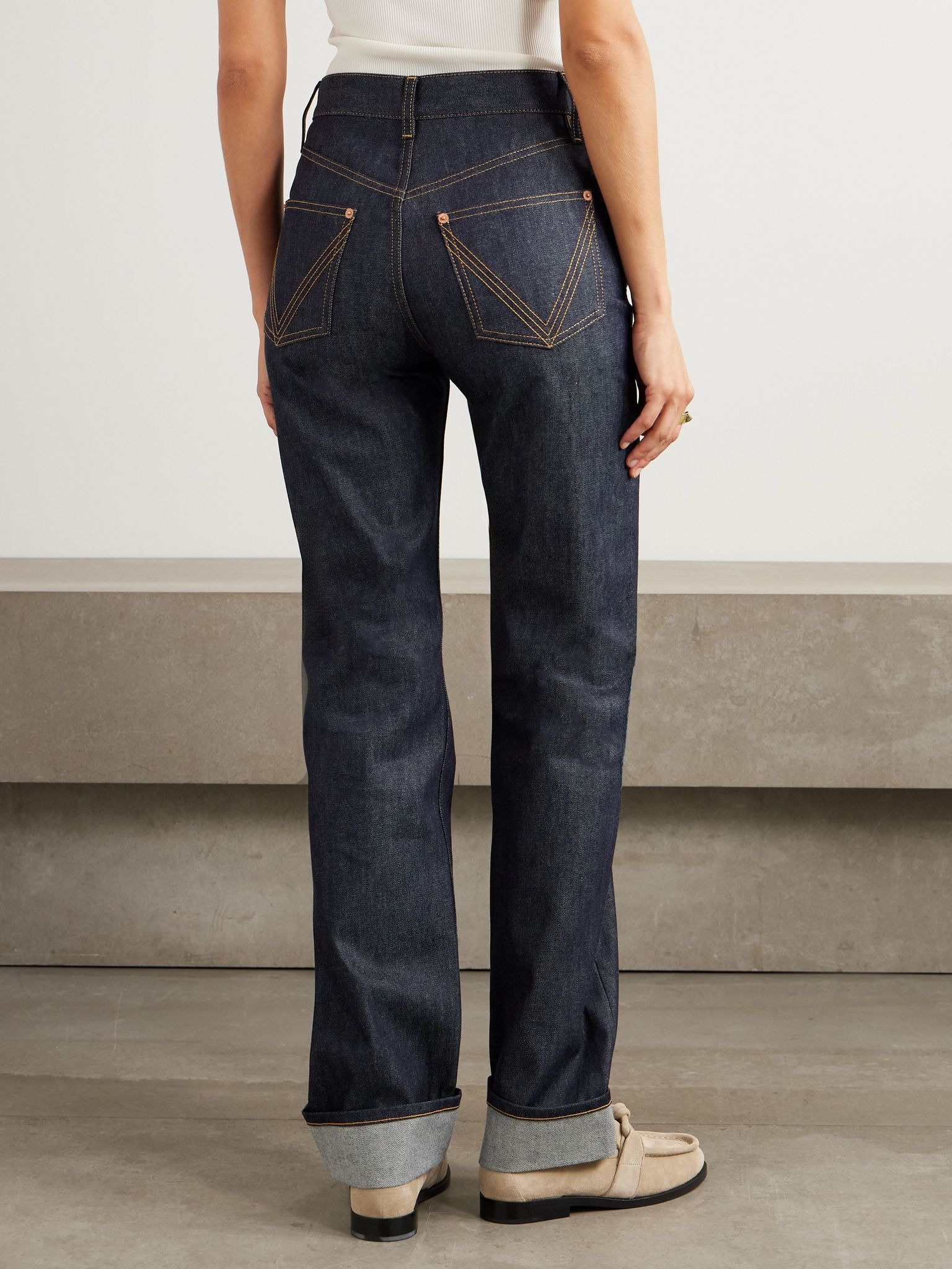 Intrecciato suede-trimmed high-rise straight-leg jeans Blue - 4