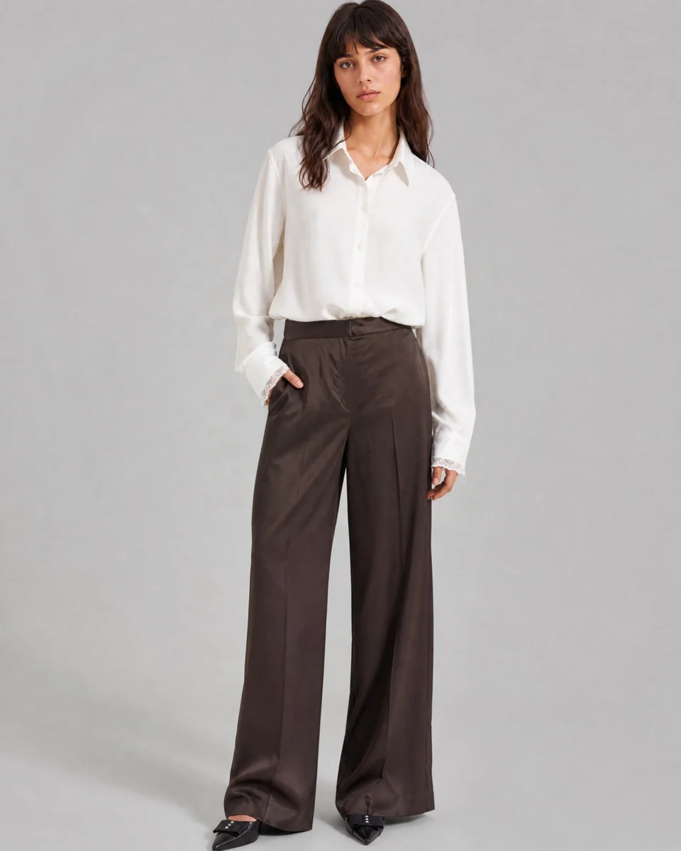 WIDE-LEG BROWN SATIN PANTS - 1