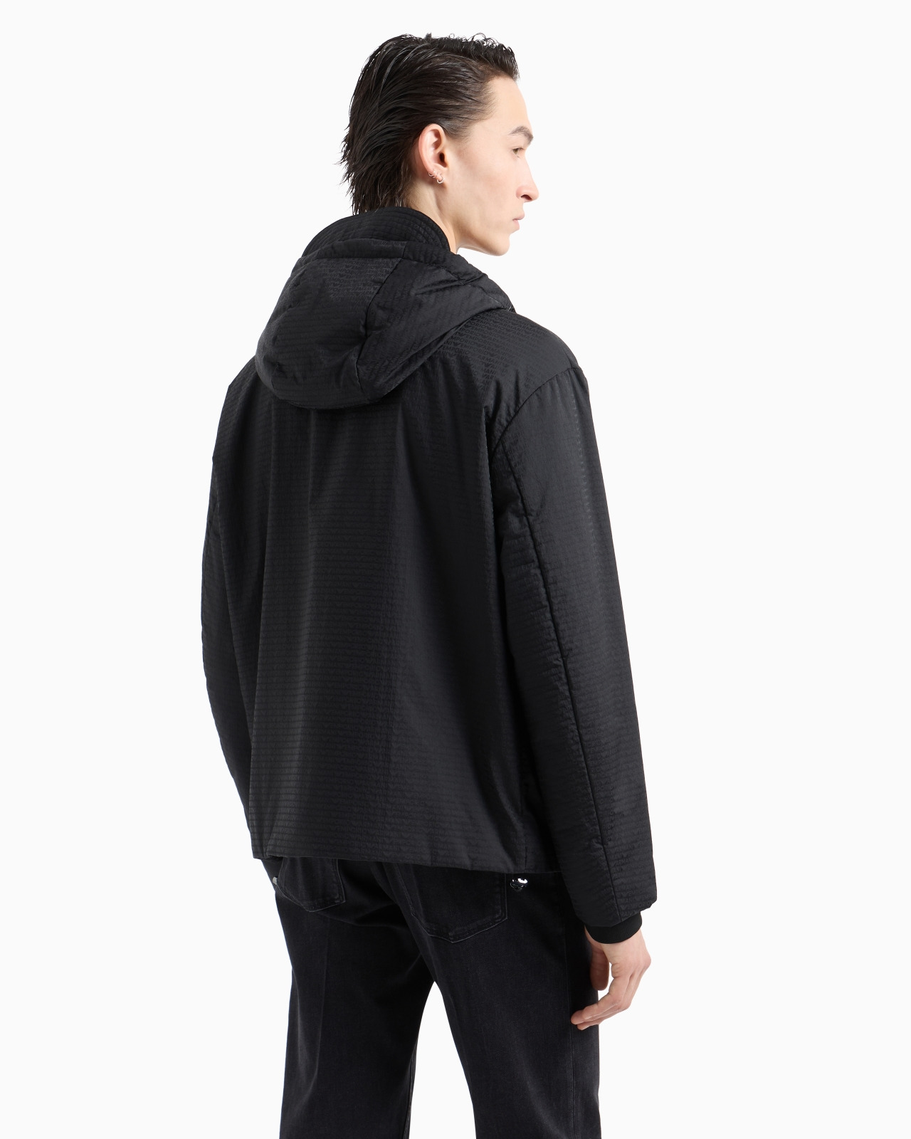 Lightweight nylon, hooded zip-up blouson with all-over jacquard lettering - 3