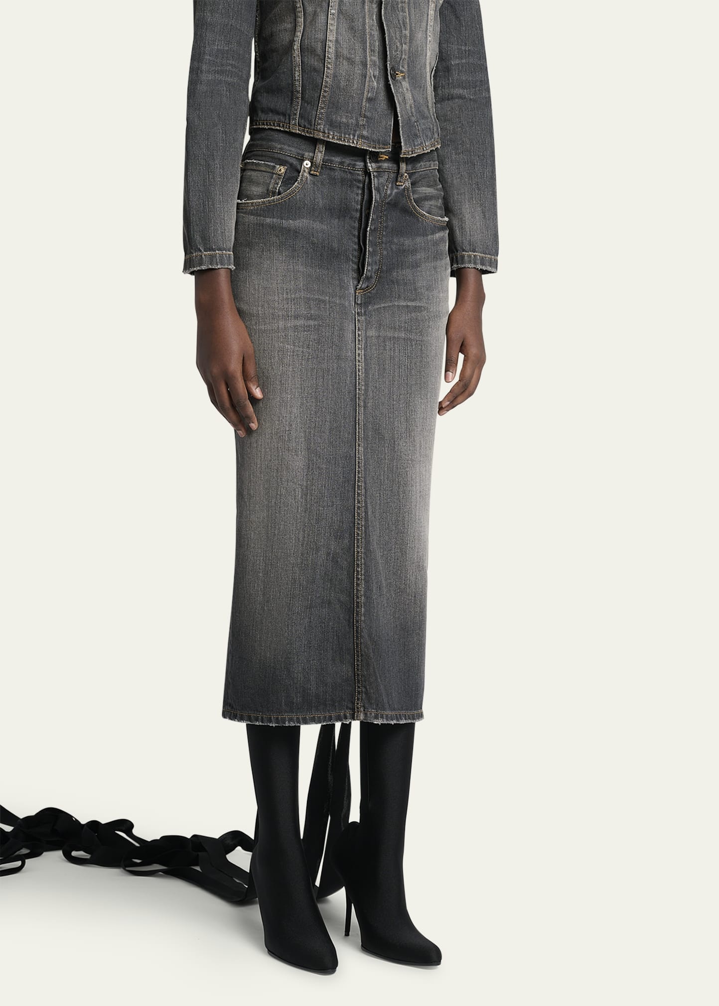 Lace-Up Denim Midi Skirt - 4