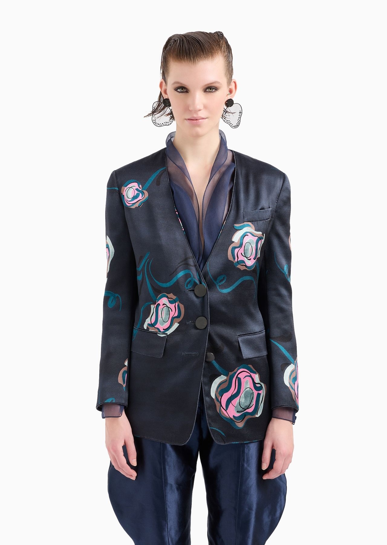 Single-breasted jacket in silk faille with a floral print - 2