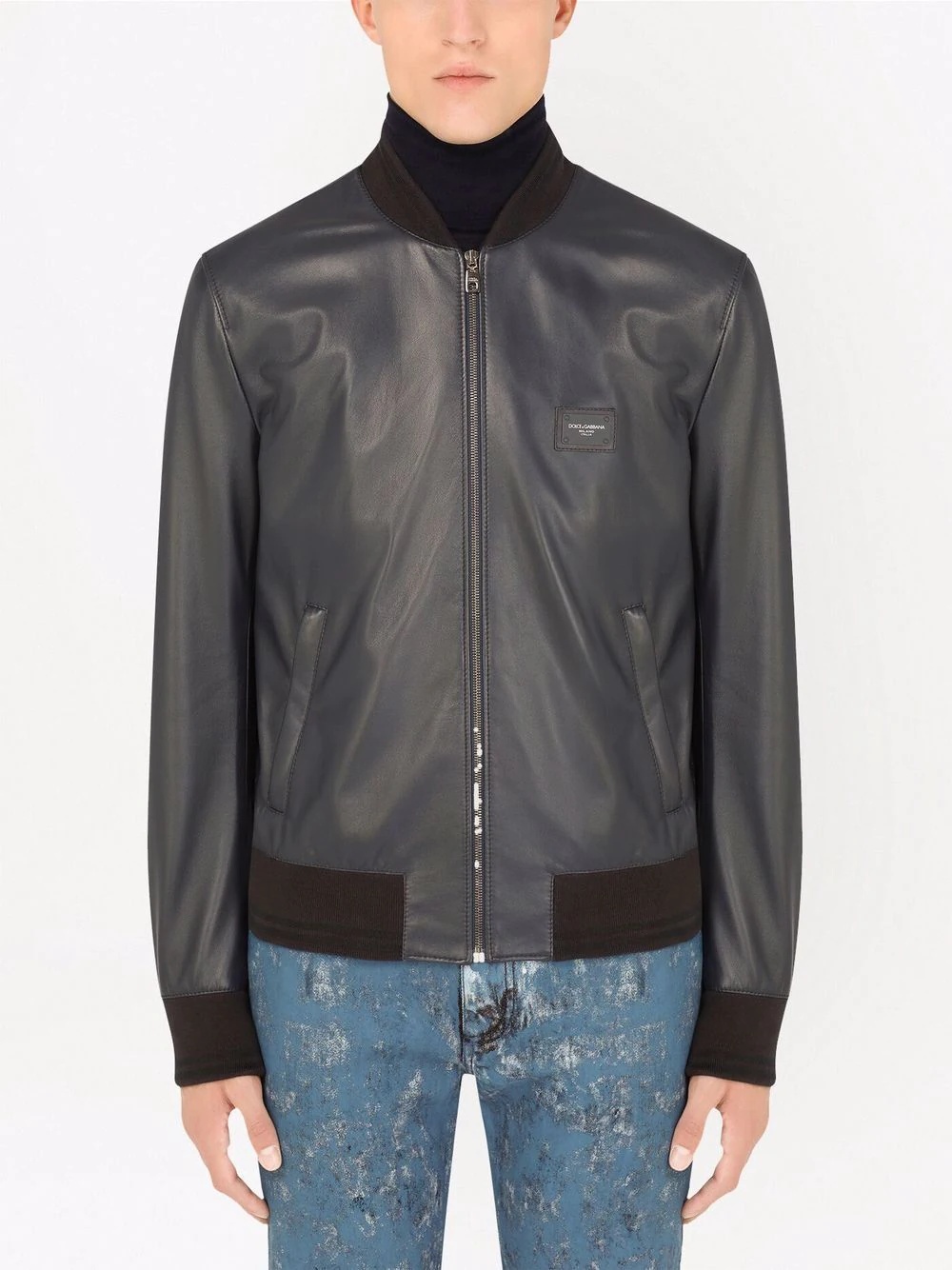 logo-plaque leather bomber jacket - 3