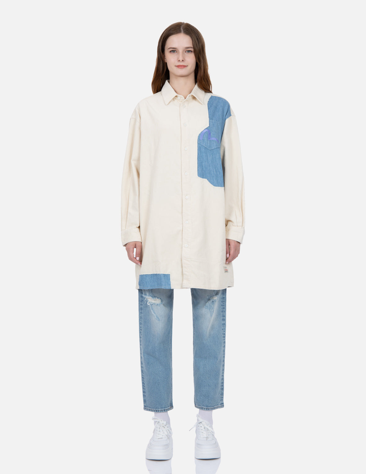 TEAR-OFF DESIGN FABRIC BLOCKING CORDUROY SHIRT DRESS - 5