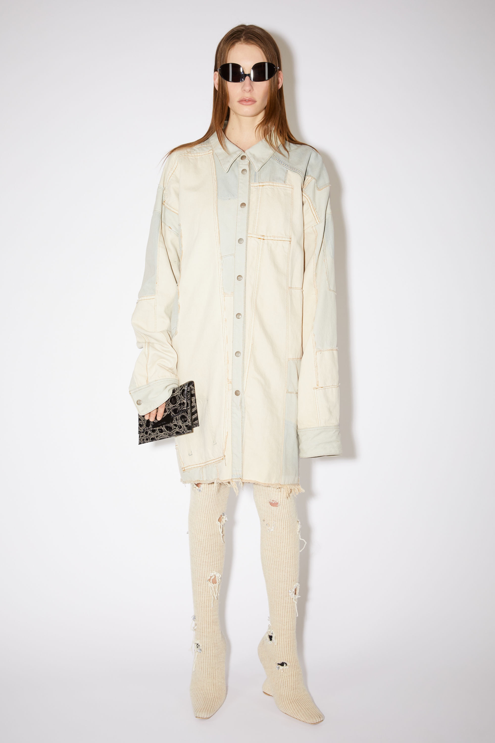 Patchwork denim overshirt dress - Light Sand - 2