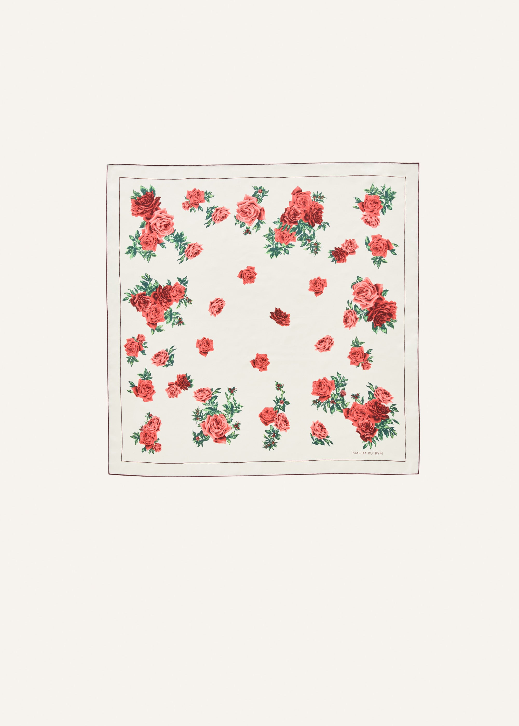 Rose print silk scarf in cream with burgundy trim - 2