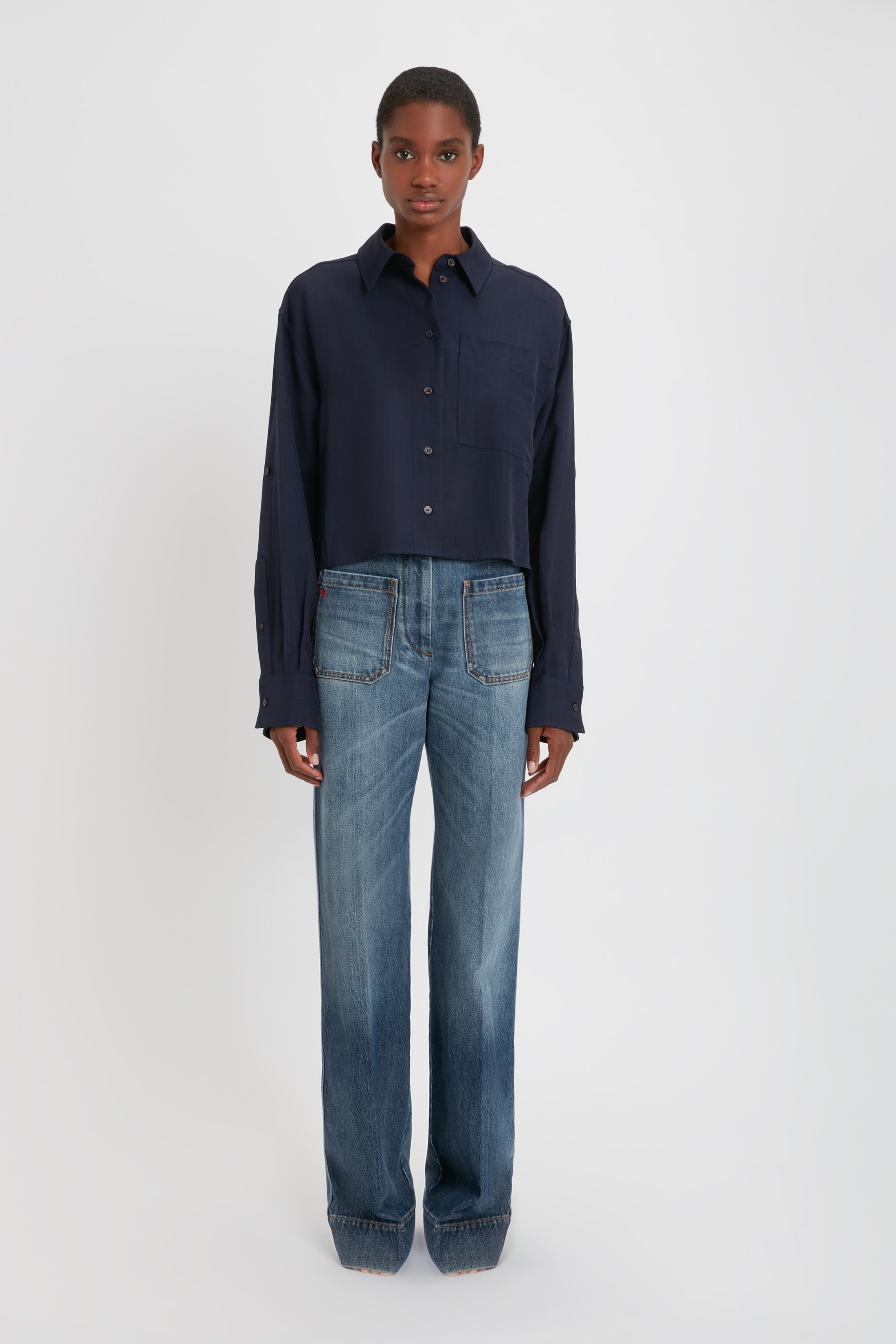 Cropped Patch Pocket Shirt In Ink Blue - 2