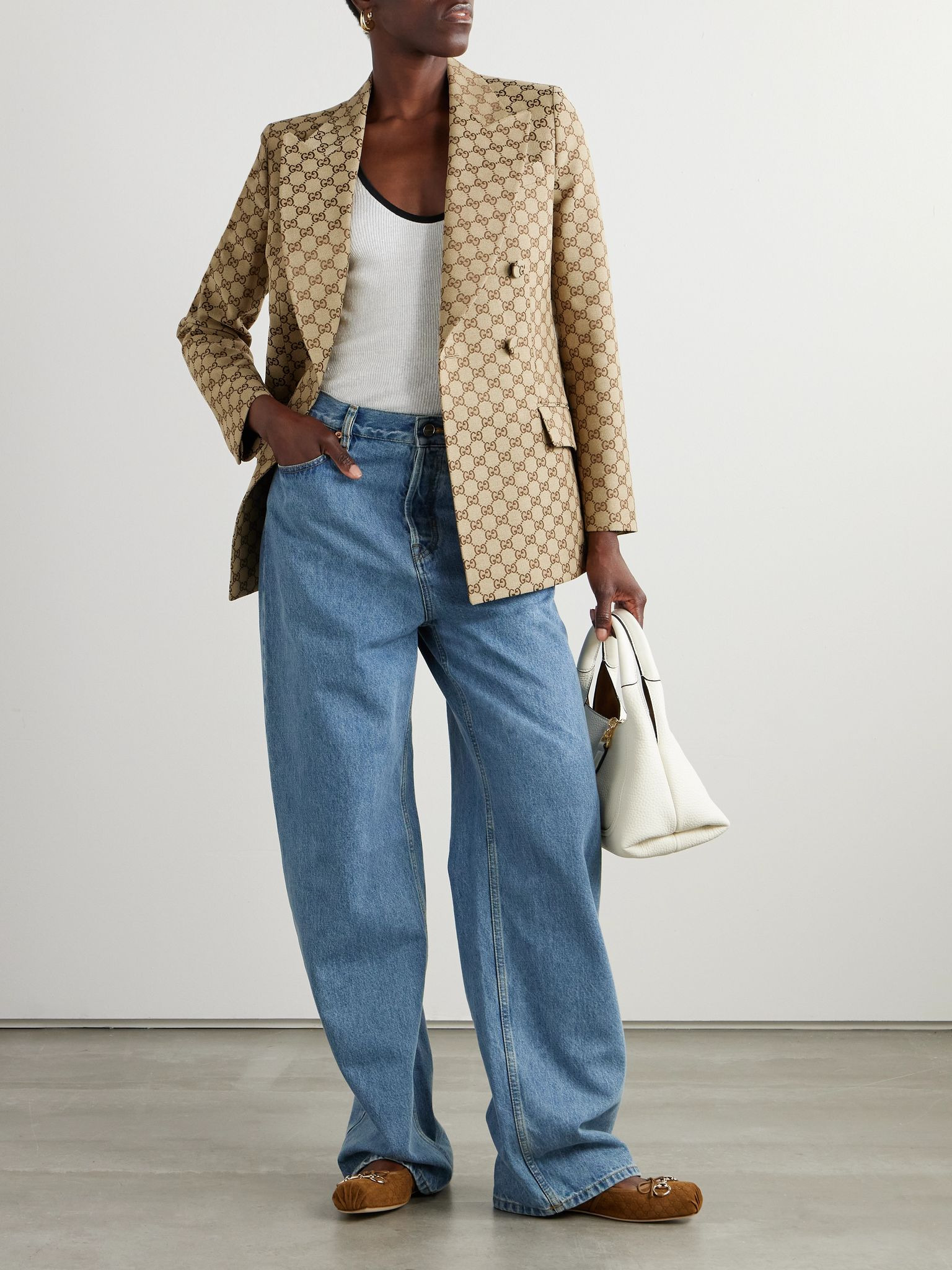 Double-breasted cotton-blend canvas-jacquard blazer Beige - 2