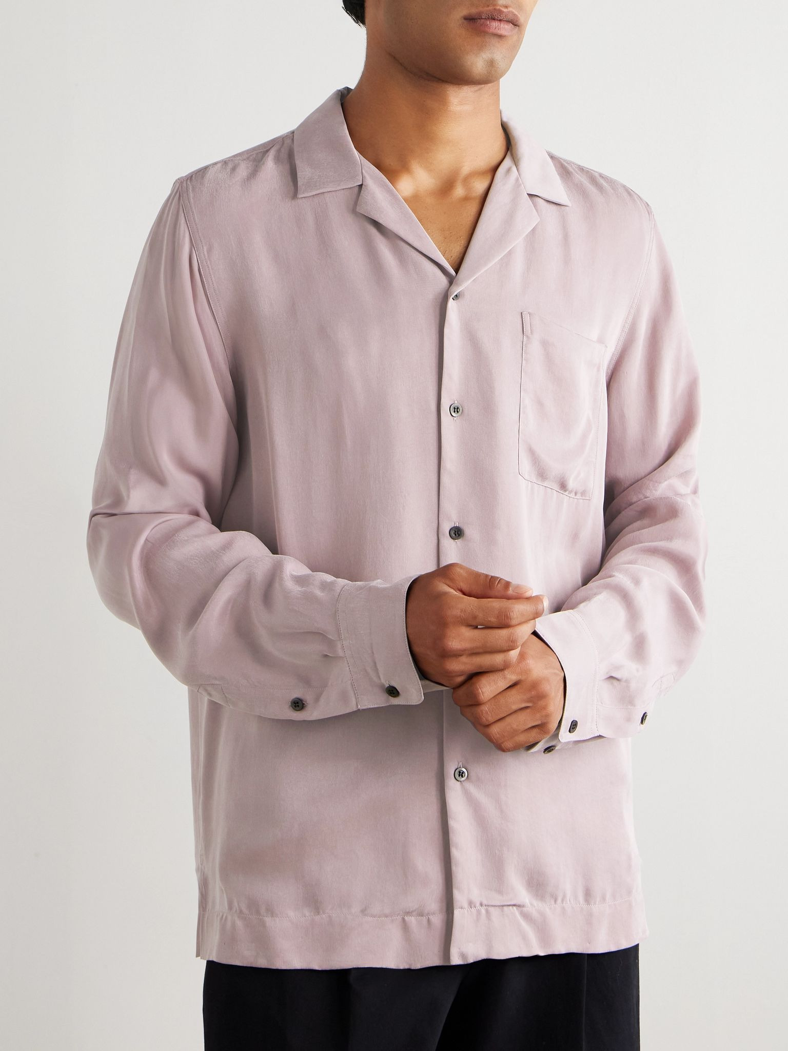 Camp-Collar Washed Satin-Twill Shirt Pink - 3