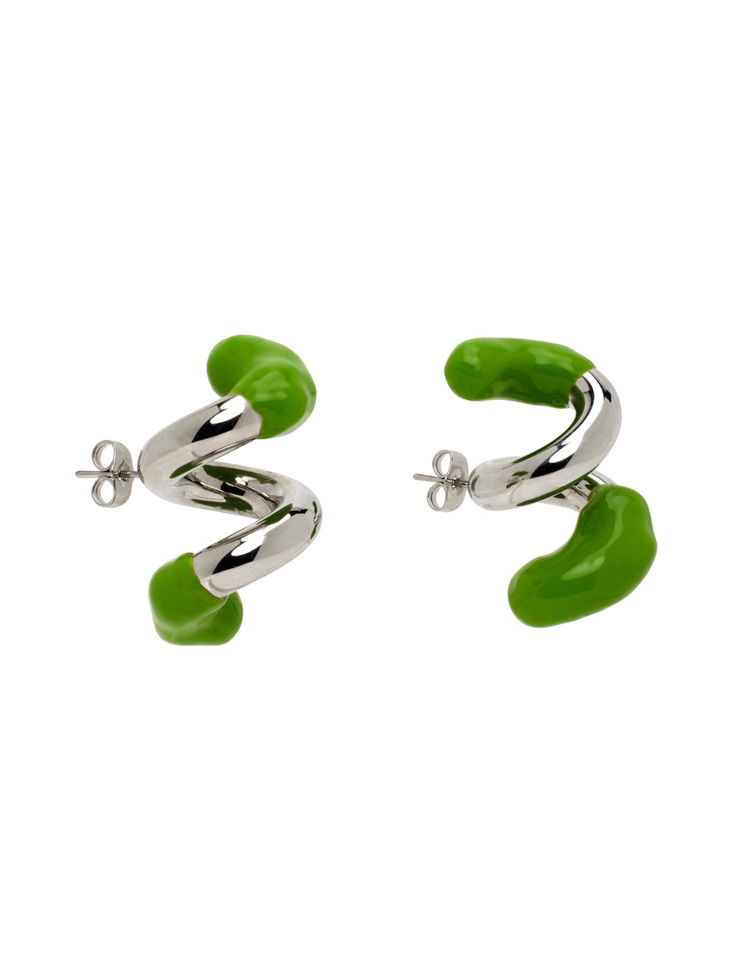 Silver & Green Rubberized Fusillo Earrings - 2