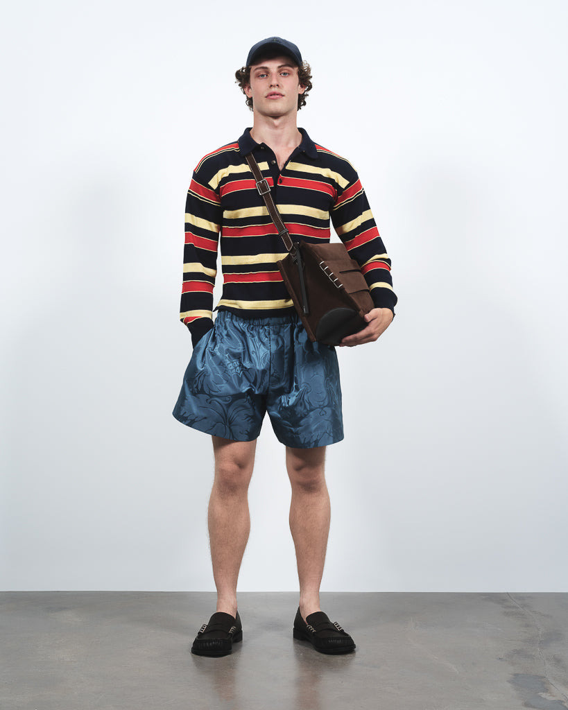 KNITTED STRIPED RUGBY POLO TOP IN NAVY - 6
