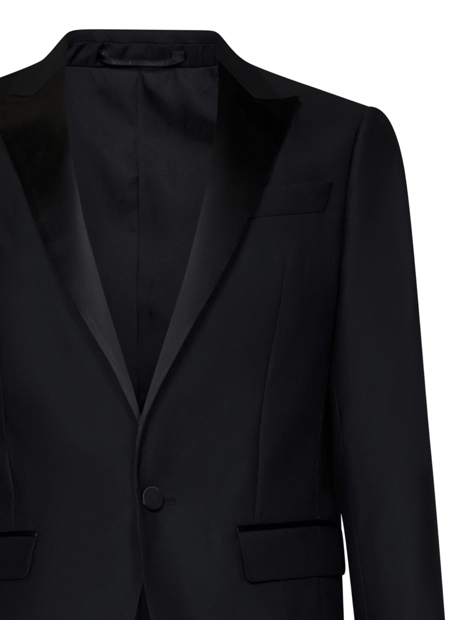 Black virgin wool and silk tuxedo suit with single-breasted blazer with silk satin lapels. - 6