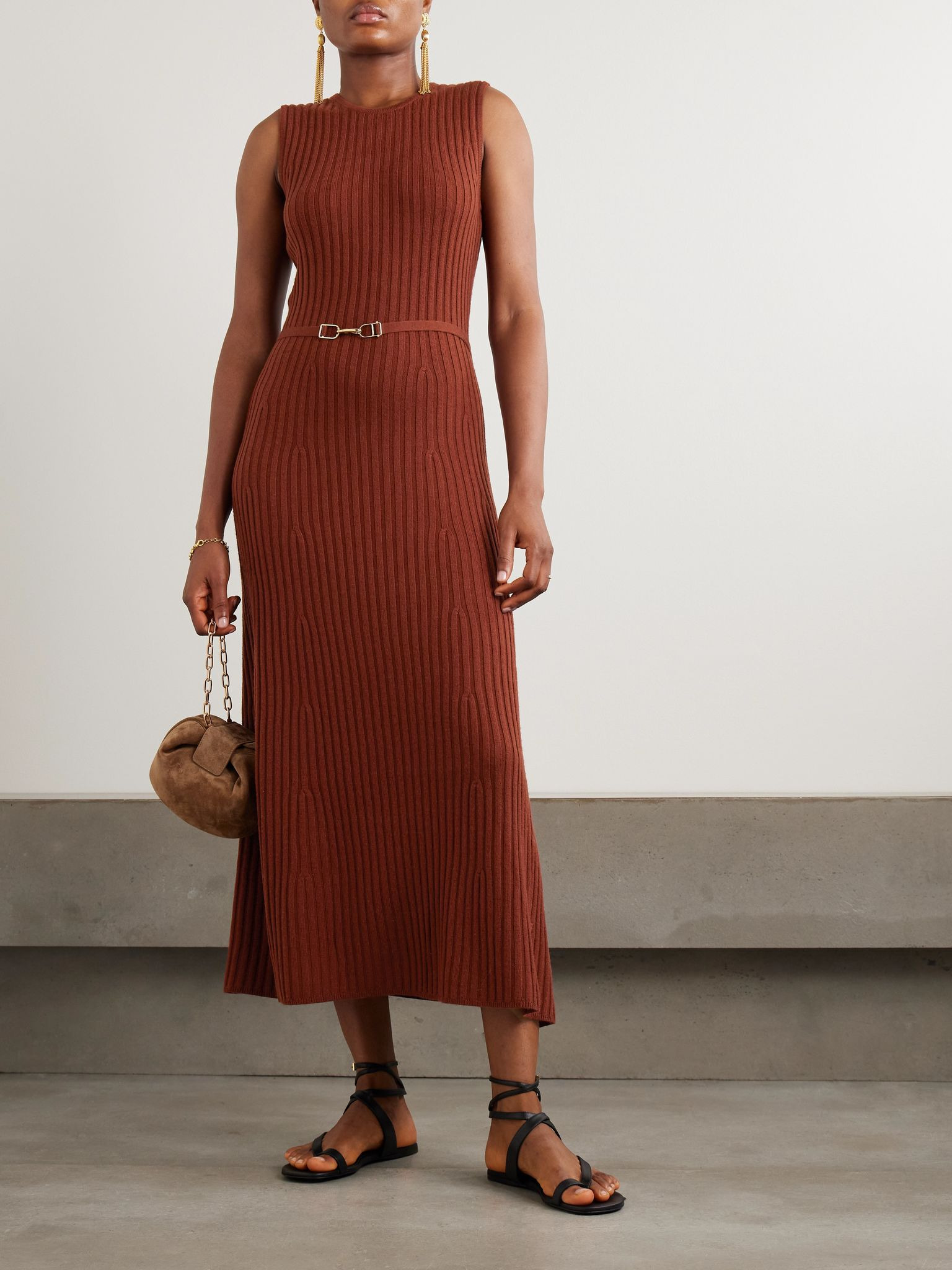 Meier belted ribbed wool and cashmere-blend midi dress Burgundy - 2