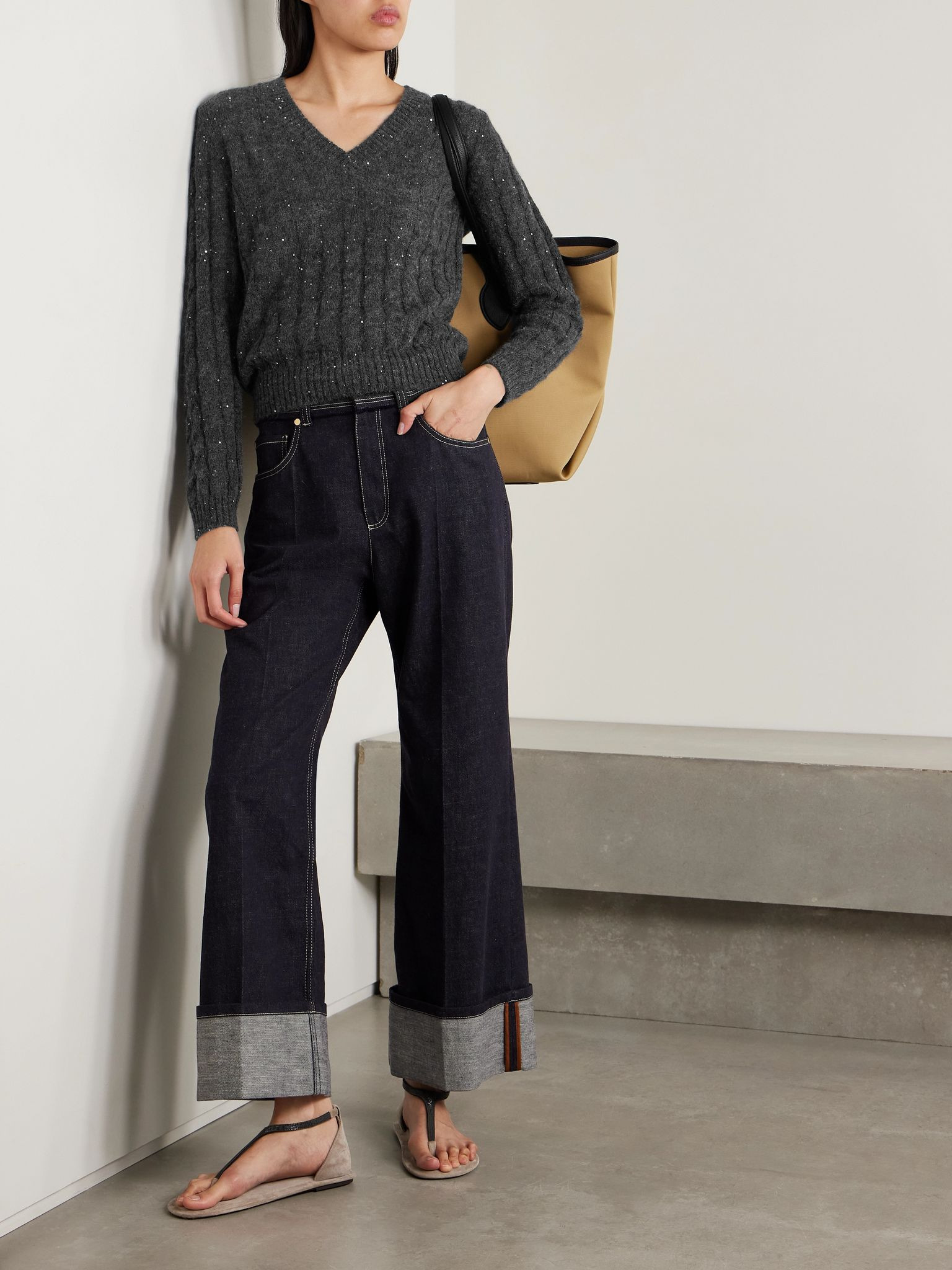 Sequin-embellished cable-knit sweater Gray - 2