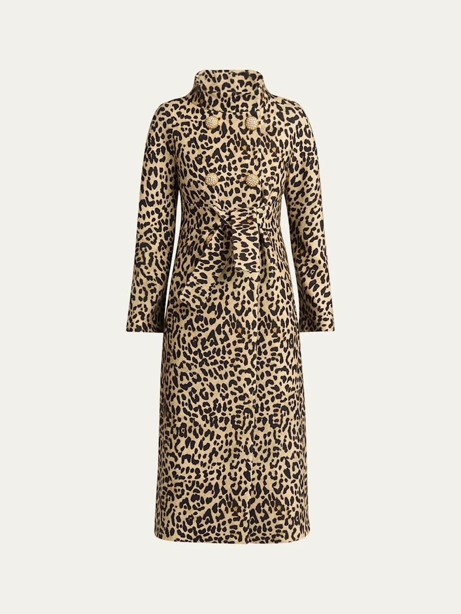 Leopard-Print Wool Double-Breasted Long Coat - 1