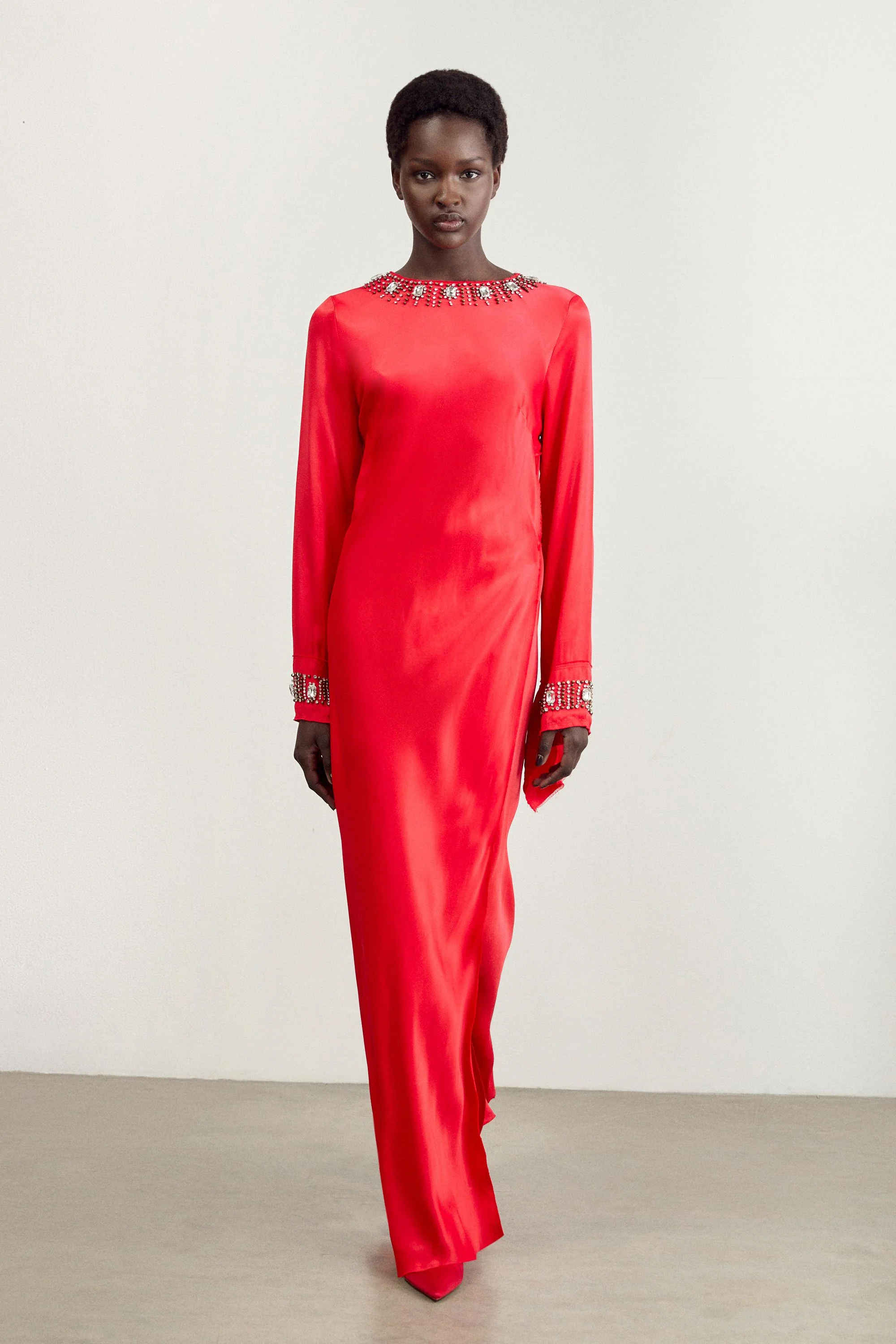 Crystal Embellished Raw Edge Satin Wrap Maxi Dress - 1