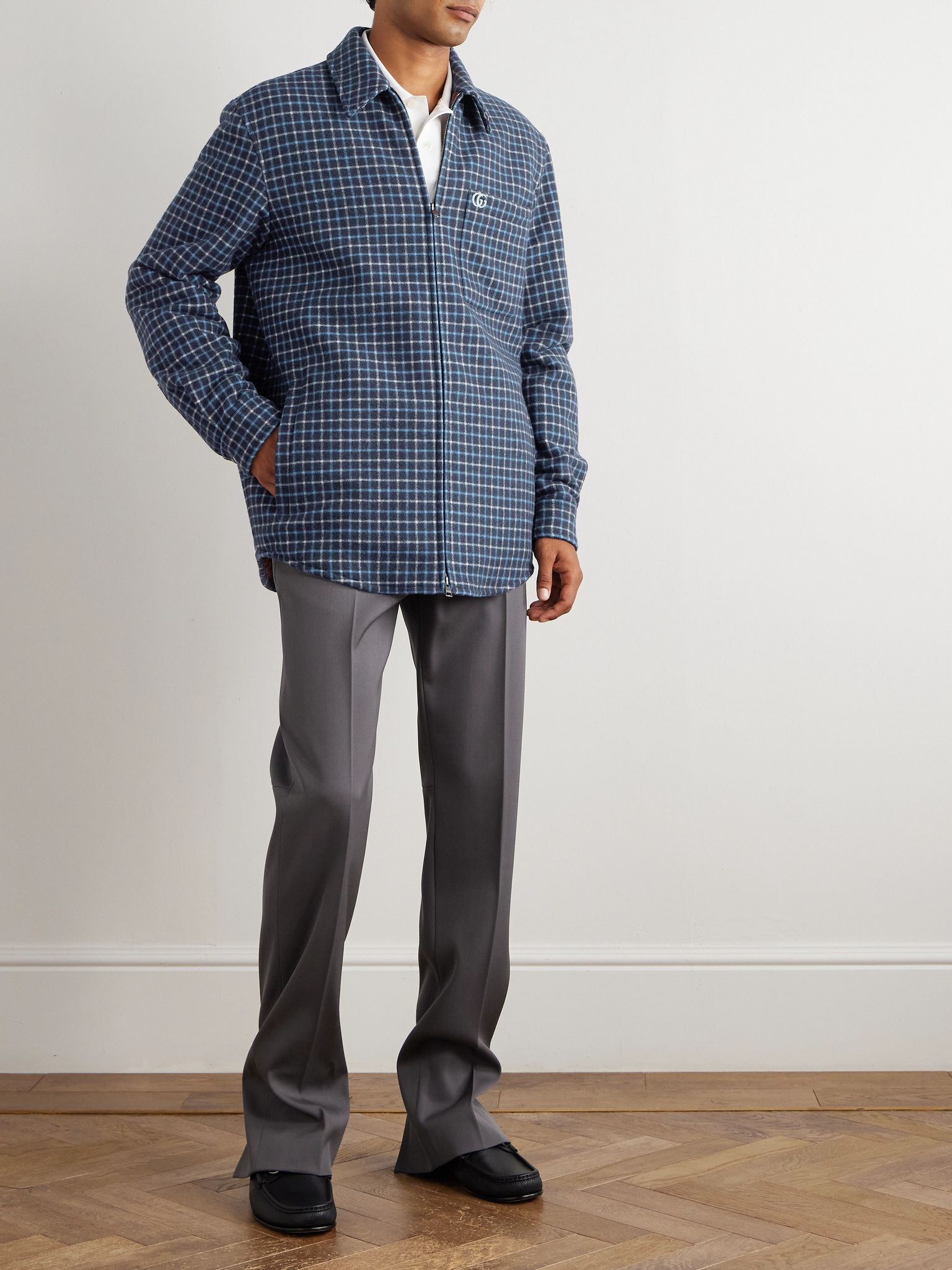 Padded Checked Brushed Wool-Blend Flannel Overshirt Navy - 2