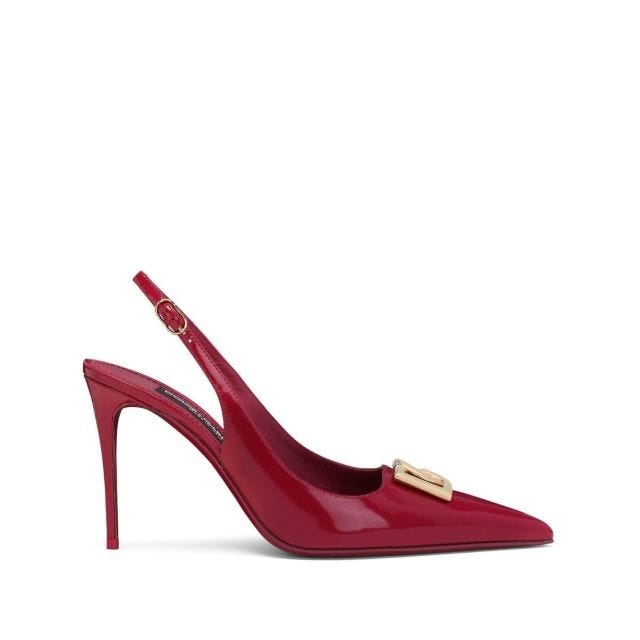 Glossy red slingback pumps with gold logo - 1