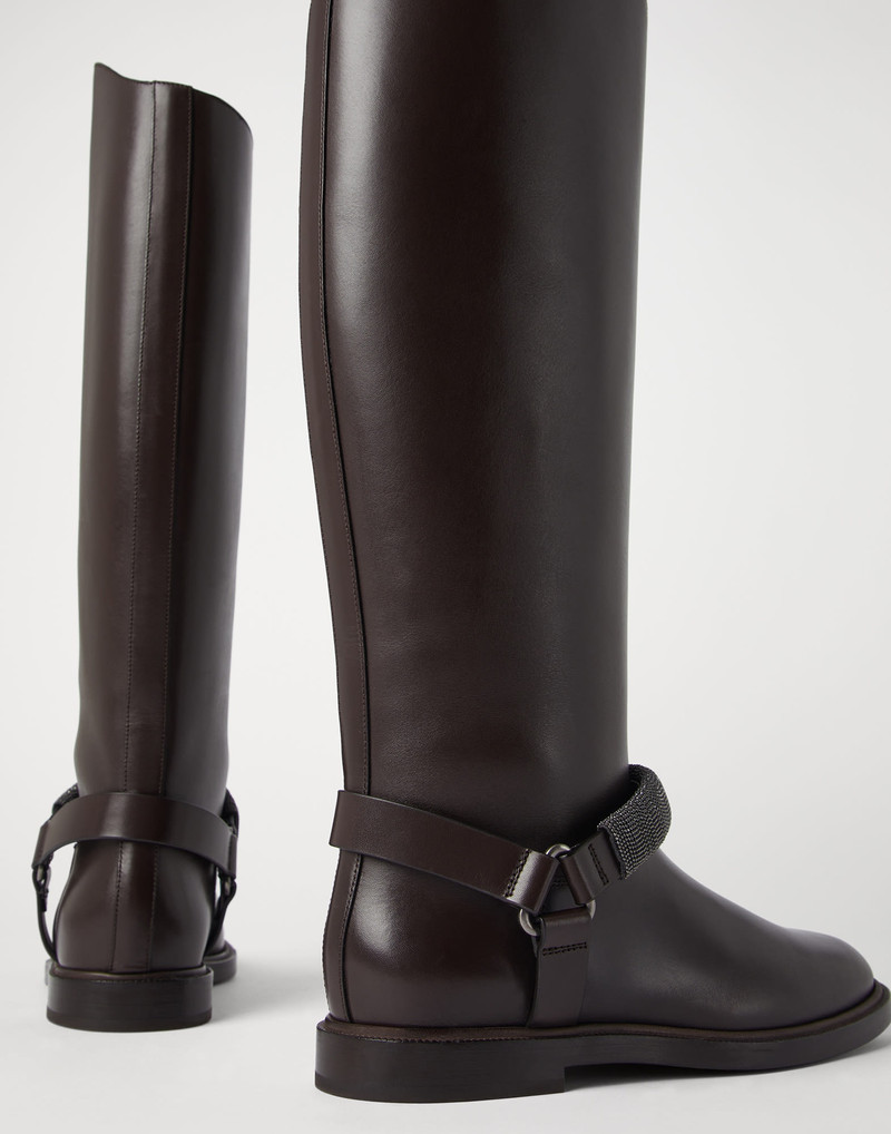 Matte calfskin knee high boots with precious ribbed strap 3