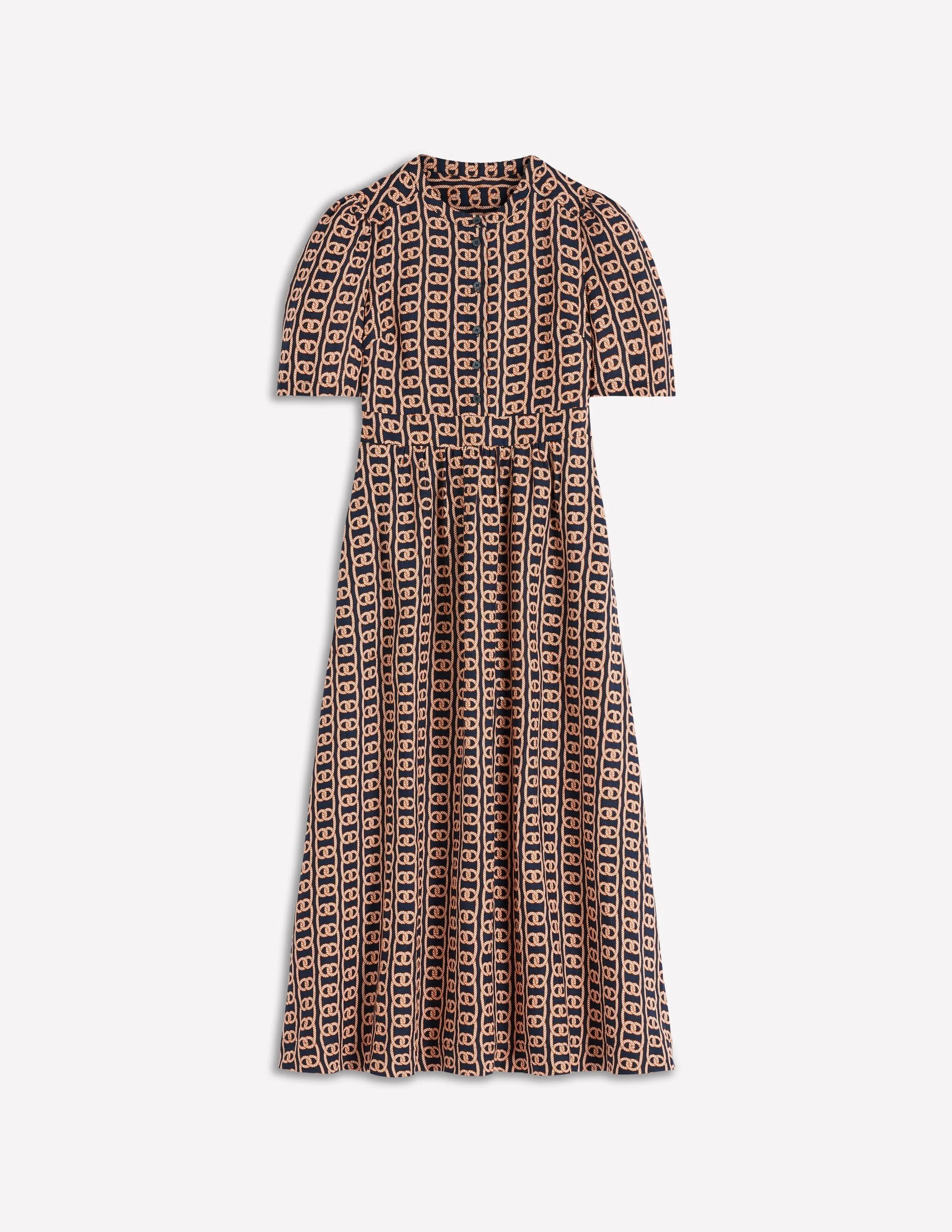 Ivy Linen Midi Dress-French Navy, Rope Trellis - 1