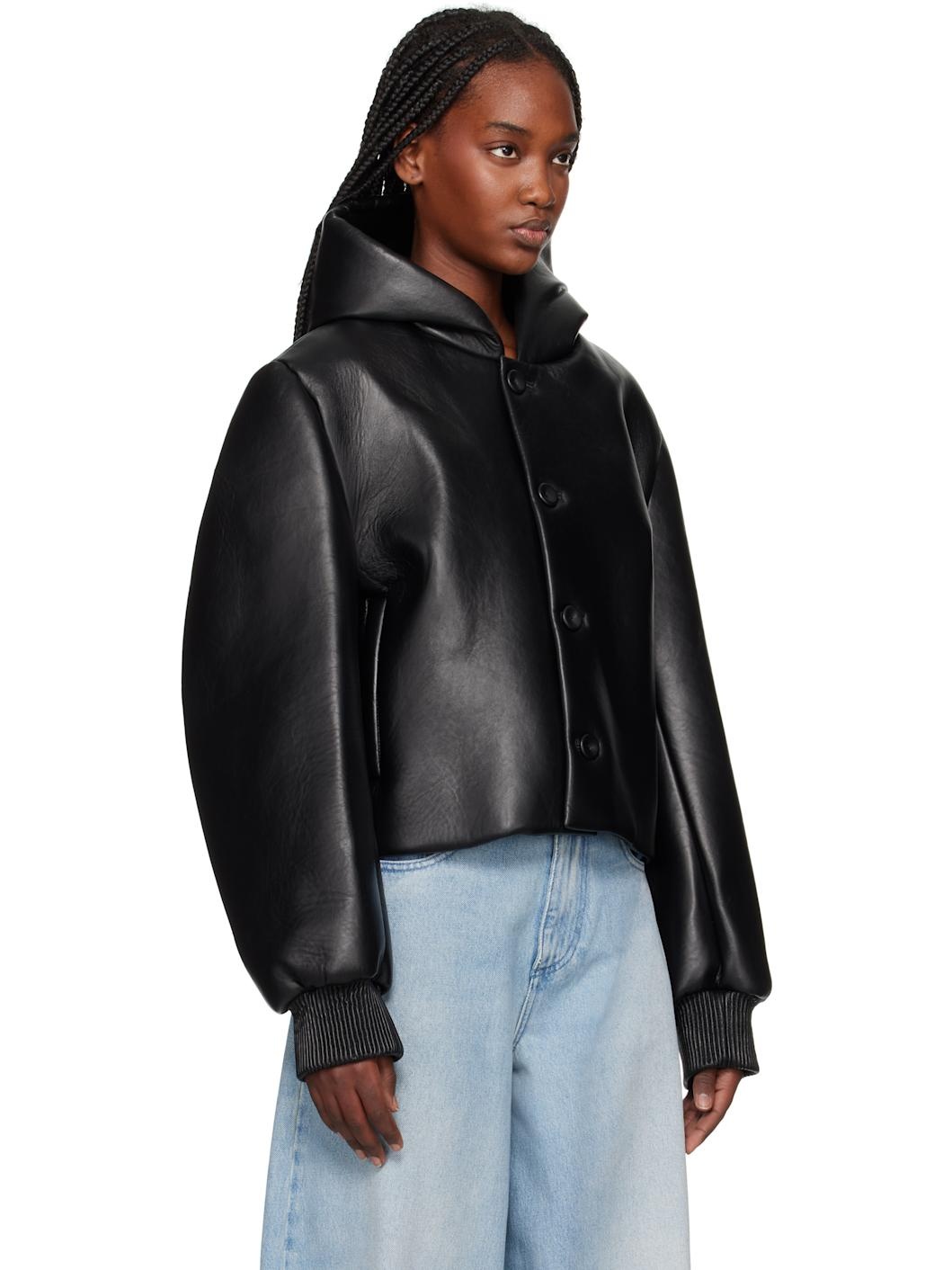 Black Cropped Hooded Blouson Leather Jacket - 2