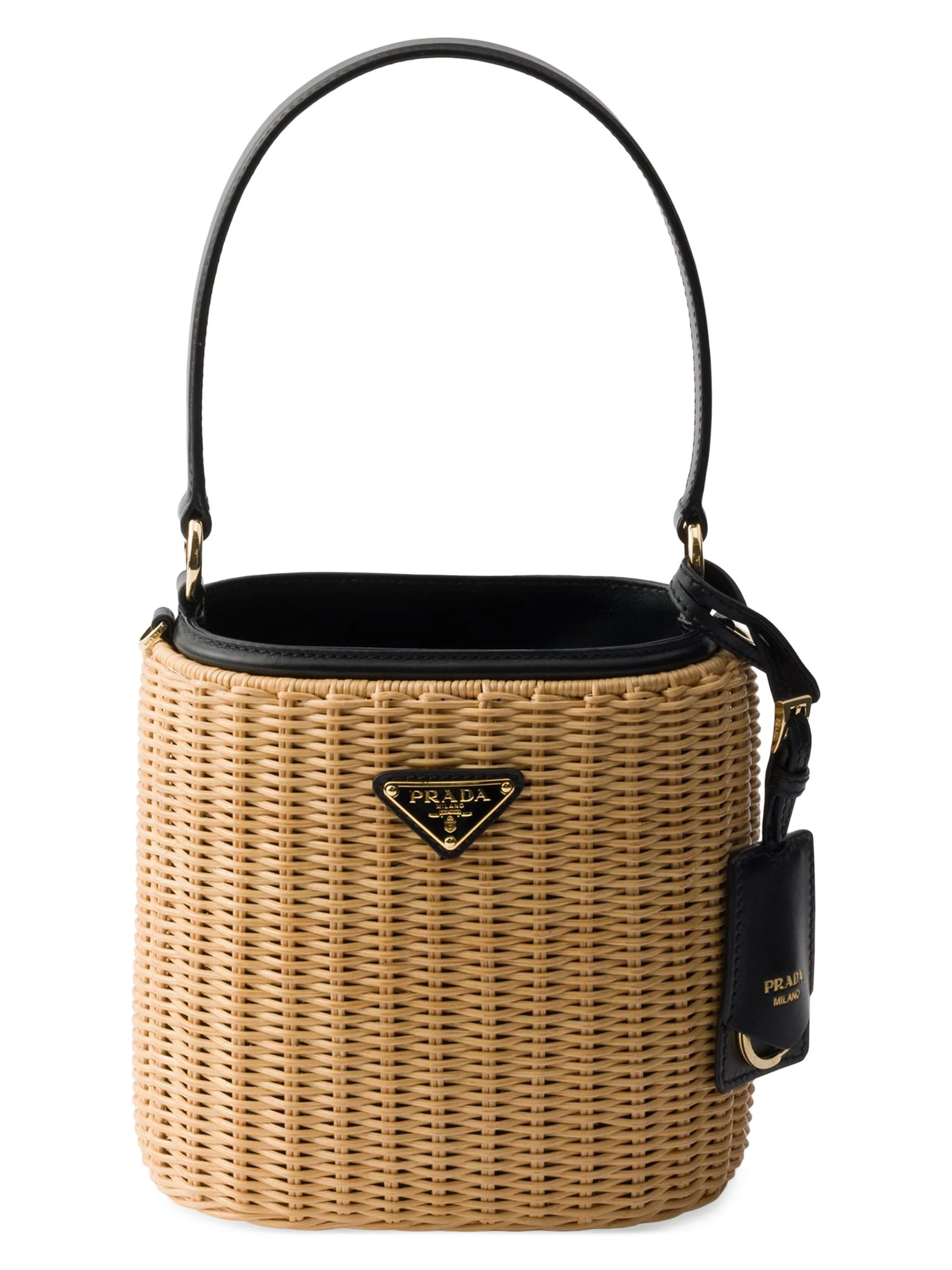 Women's Wicker and Leather Bucket Bag - Black - 1