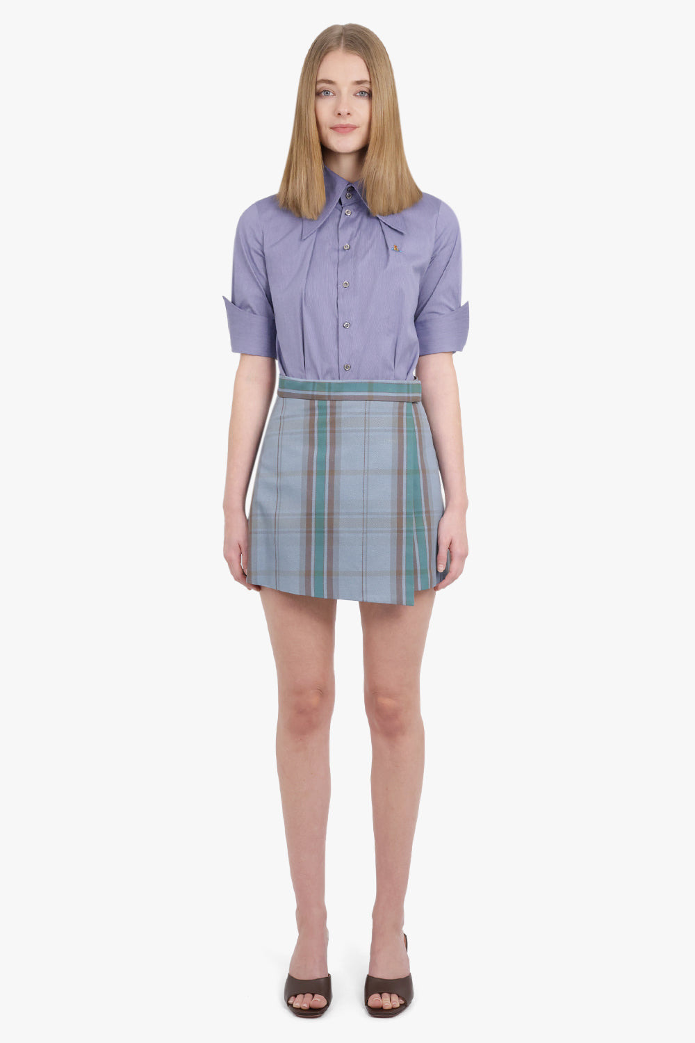 TARTAN WRAP CUT OFF SKIRT | BLUE/GREEN/ORANGE - 2
