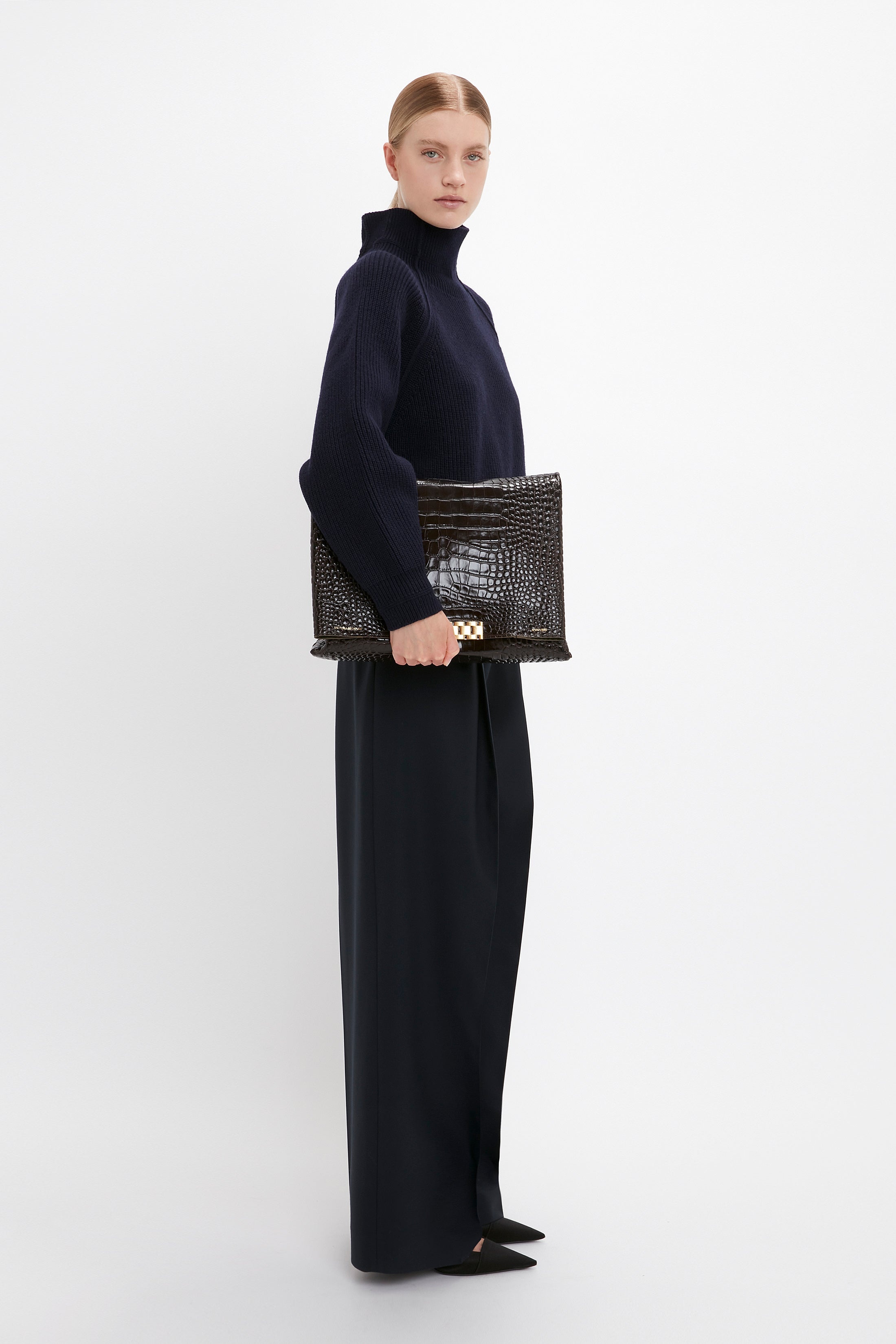 Oversized Polo Neck Jumper In Navy - 8