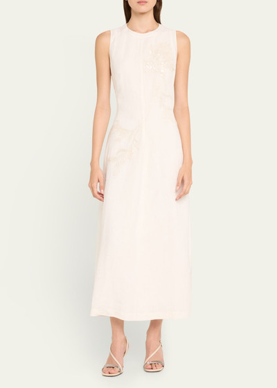 Brunello Cucinelli Crinkle Cotton Structured Dress with Embroidered Magnolia Flower outlook
