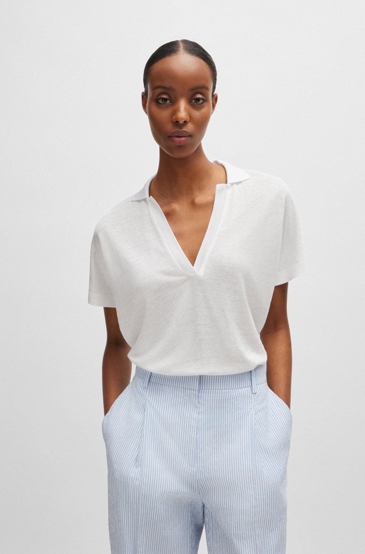 LINEN-BLEND TOP WITH JOHNNY COLLAR - 2