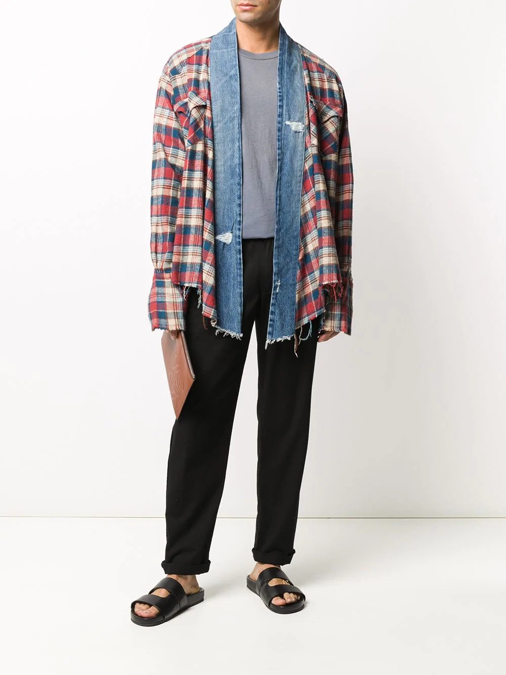 checked denim-trimmed shirt jacket - 2