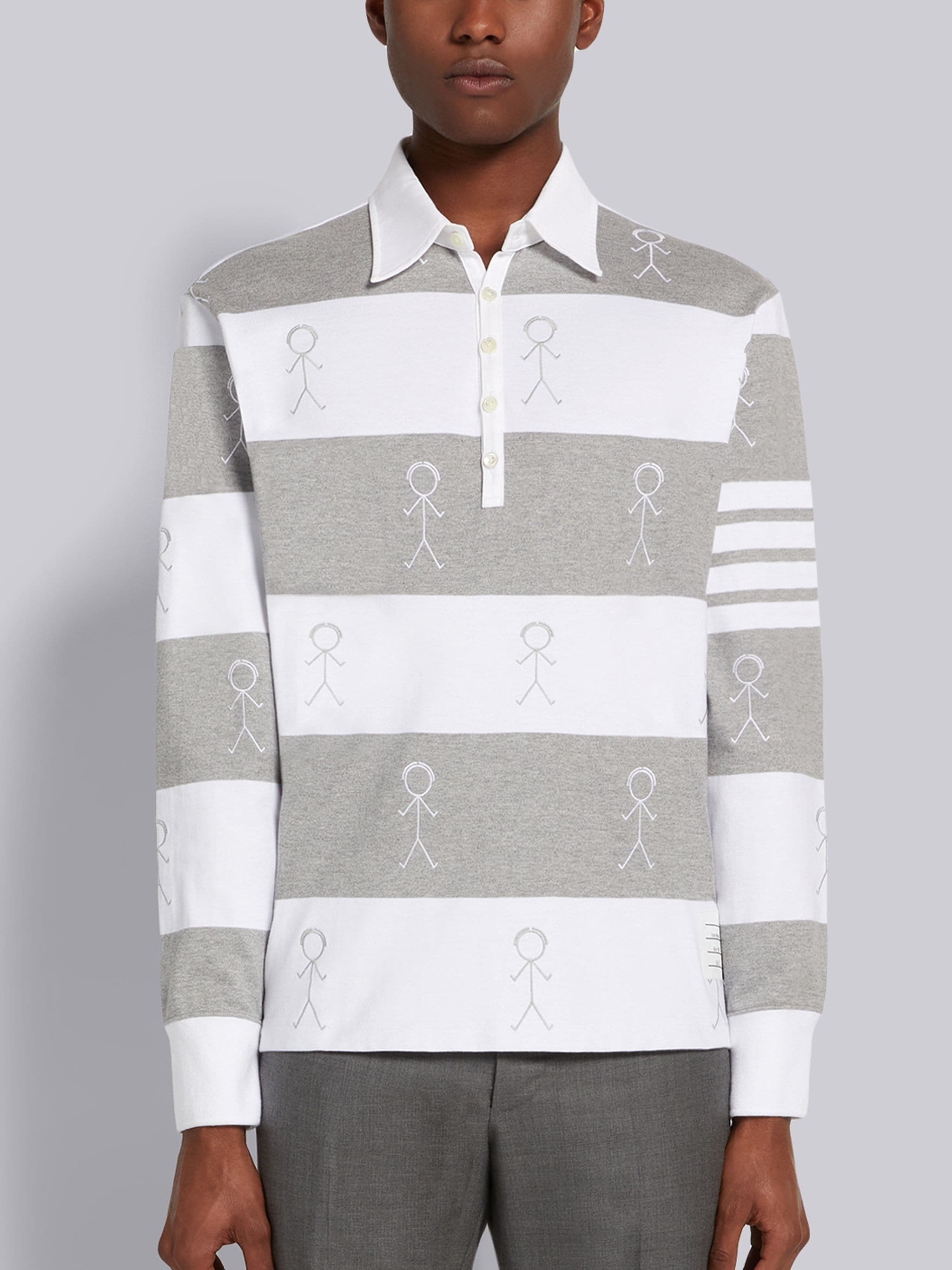 Pastel Grey Rugby Stripe Cotton 4-Bar Mr. Thom Embroidered Oversized Long Sleeve Polo - 1