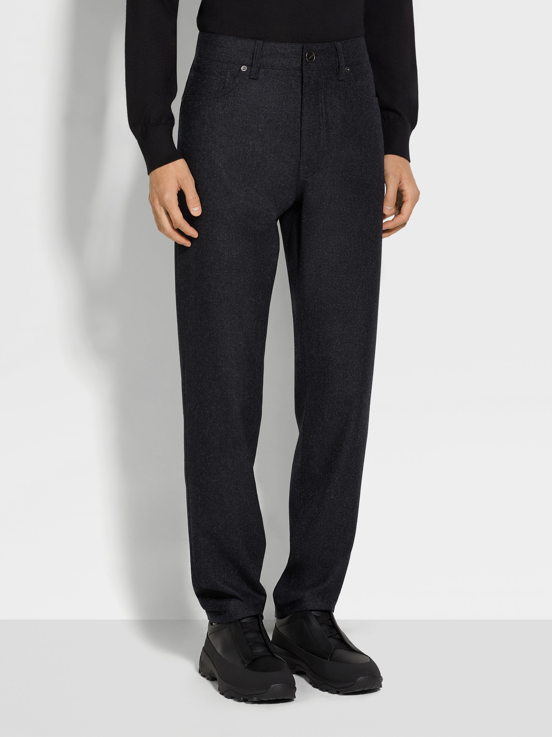 DARK GREY WOOL AND CASHMERE ROCCIA PANTS - 4
