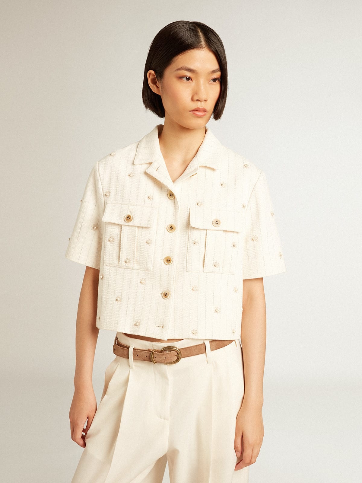 Aged white jacket in pinstripe cotton with all-over floral embroidery - 5
