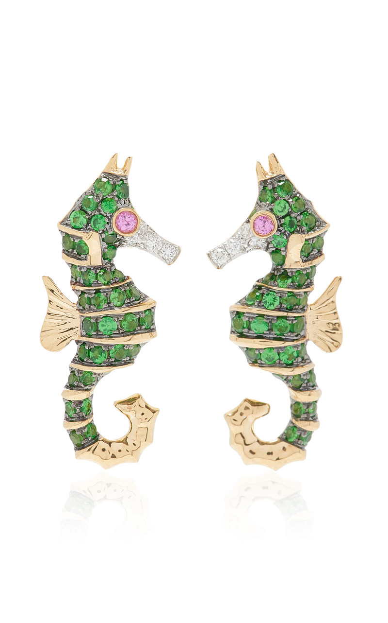 Seahorse 18K Gold Multi-Stone Earrings green 1