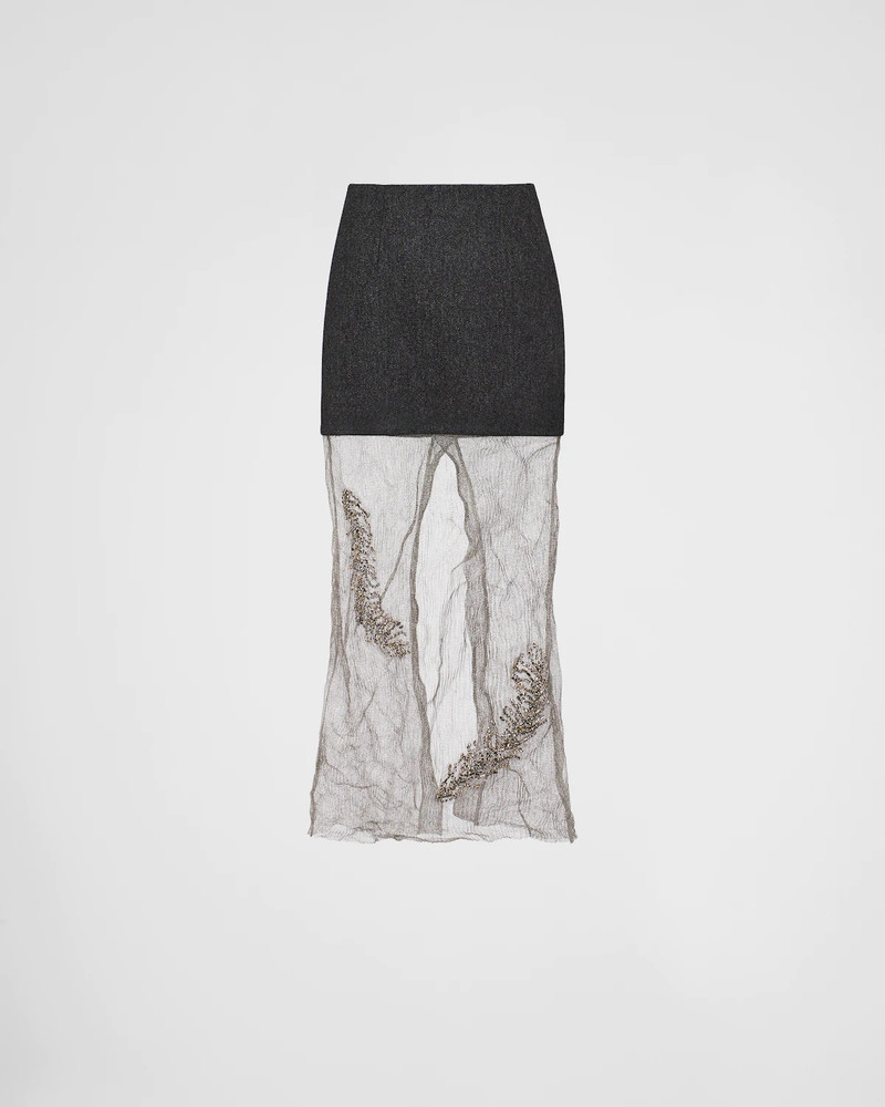 Embroidered cloth and mesh midi-skirt 1