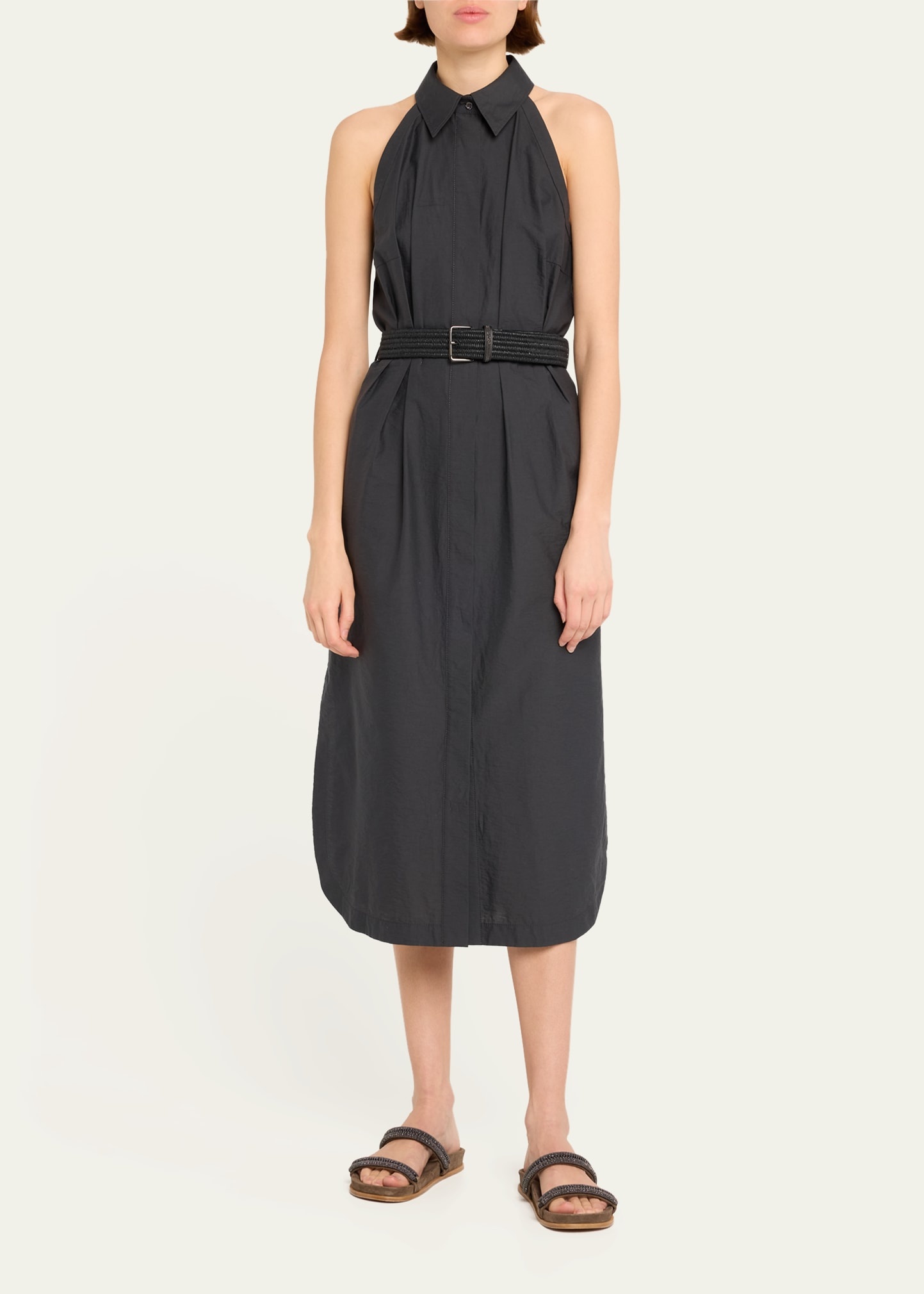 Techno Cotton Popeline Shirtdress with Raffia Belt and Monili Detail - 2