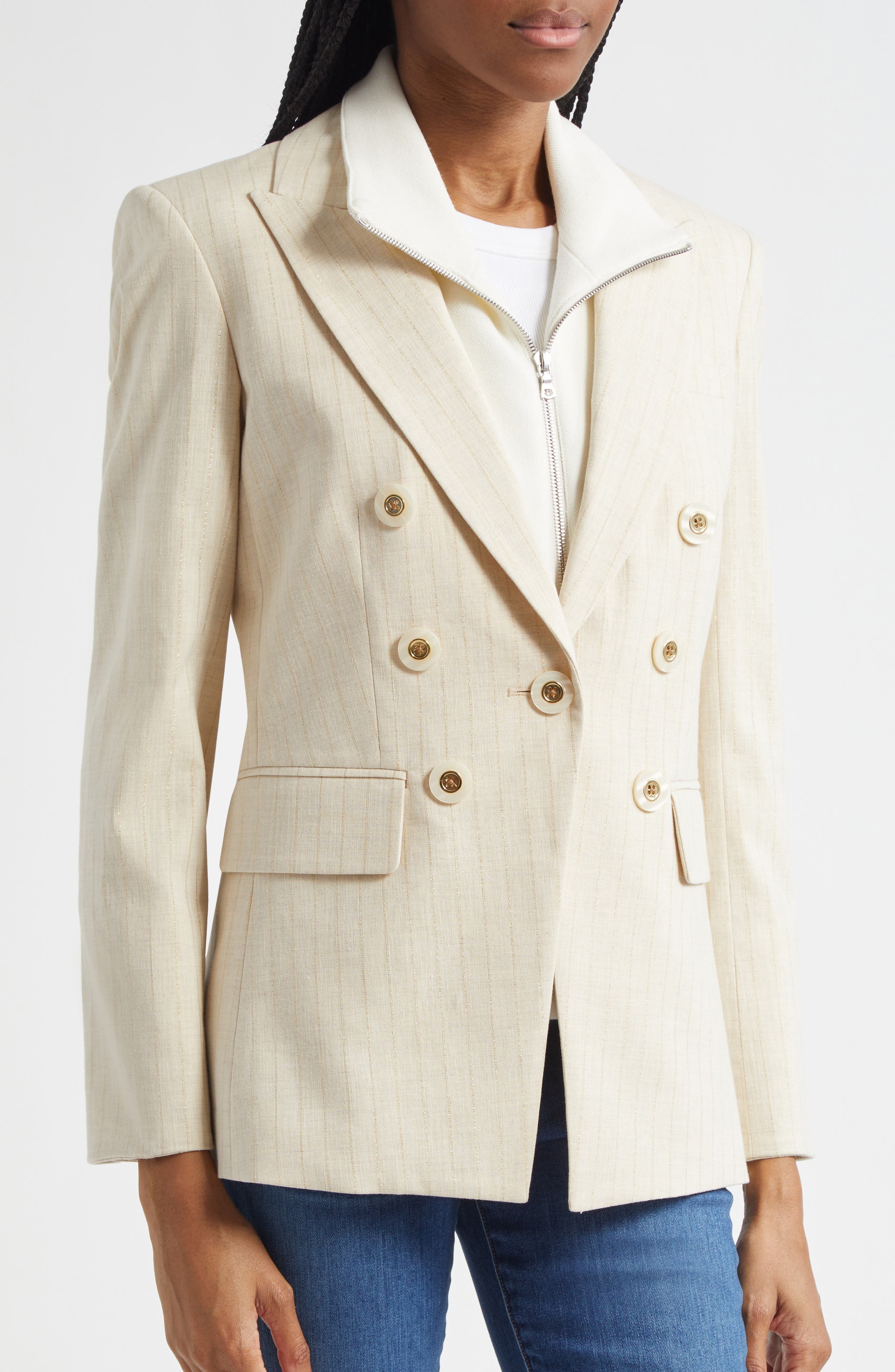 Veronica Beard Gaya Metallic Chalk Stripe Cotton Blend Dickey Jacket in Natural Gold at Nordstrom - 3