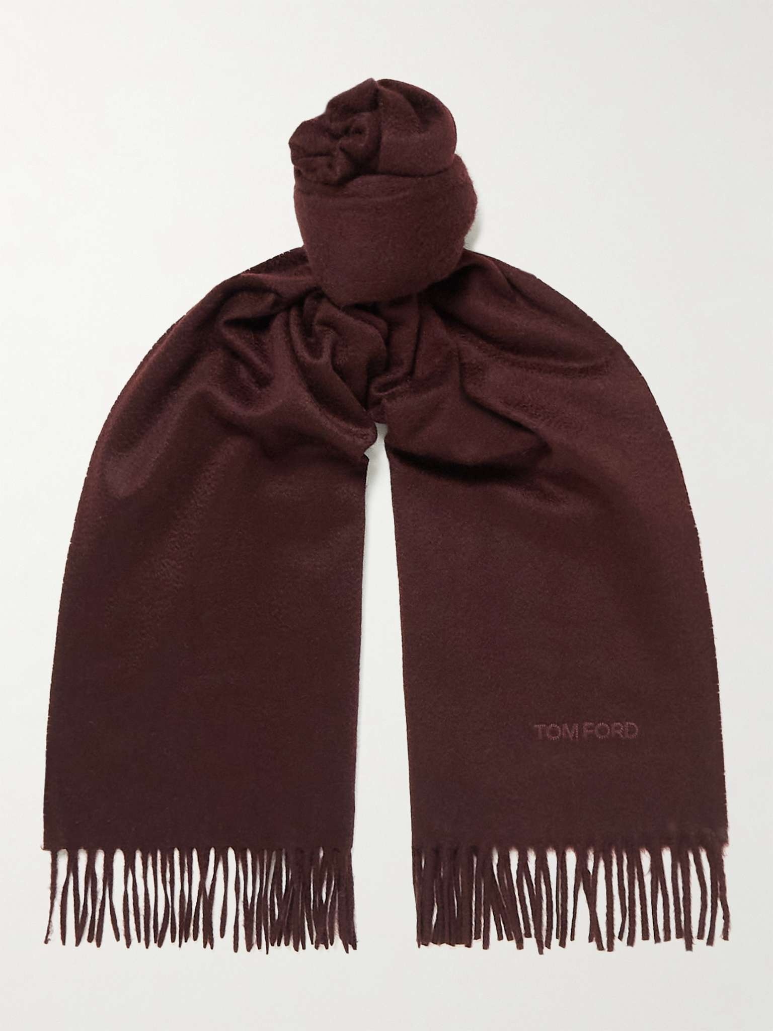 Logo-Embroidered Fringed Cashmere Scarf - 1