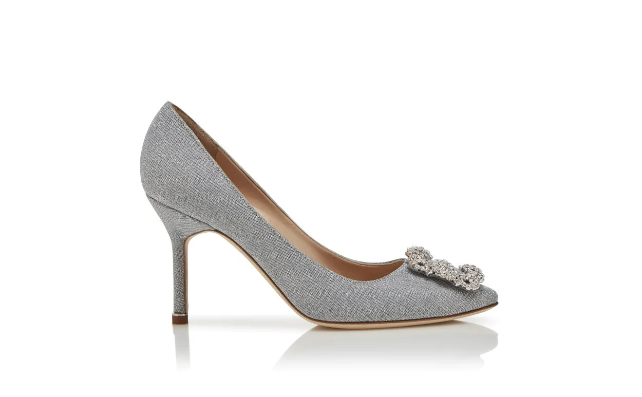 Silver Glitter Fabric Jewel Buckle Pumps - 1
