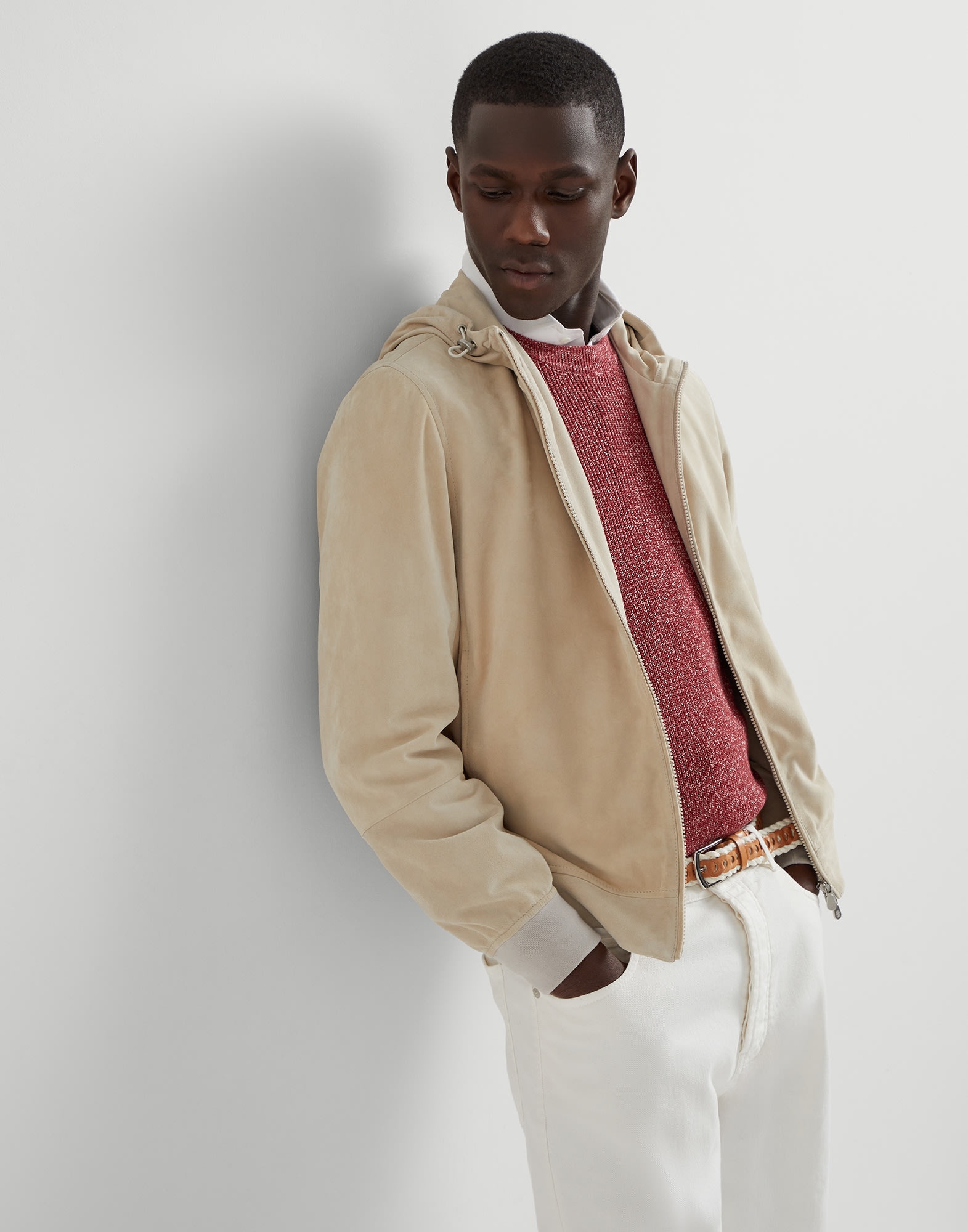 Suede sweatshirt with hood, zipper and knit inserts - 4