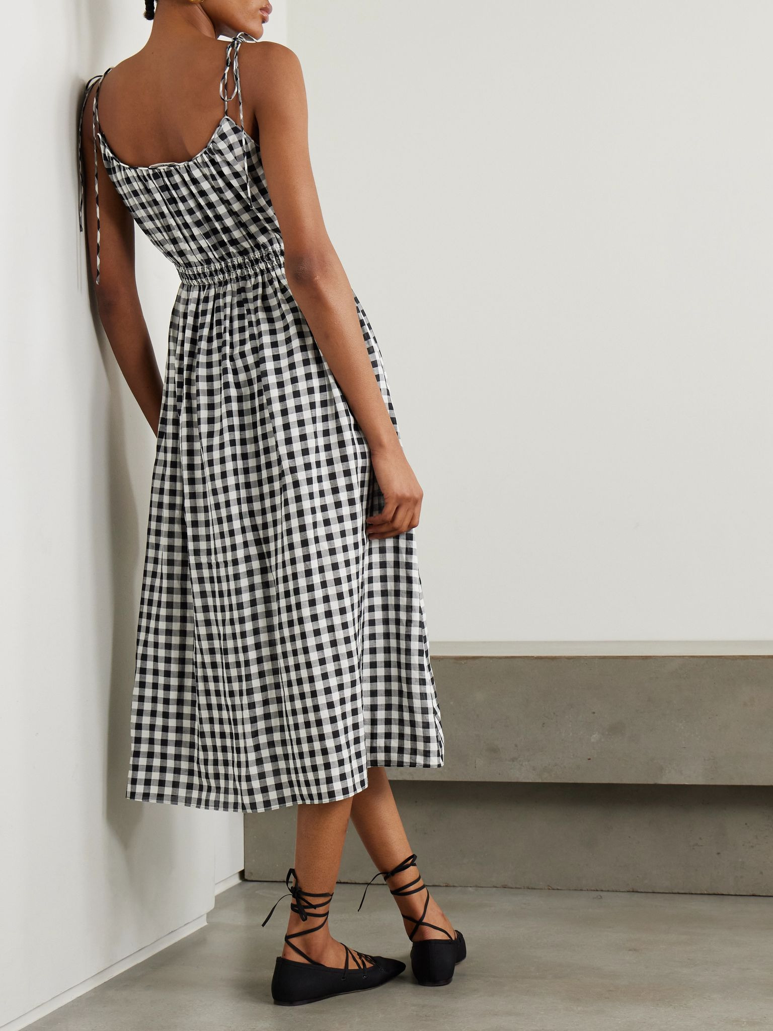 Leslie tie-detailed smocked gingham voile midi dress Black - 3