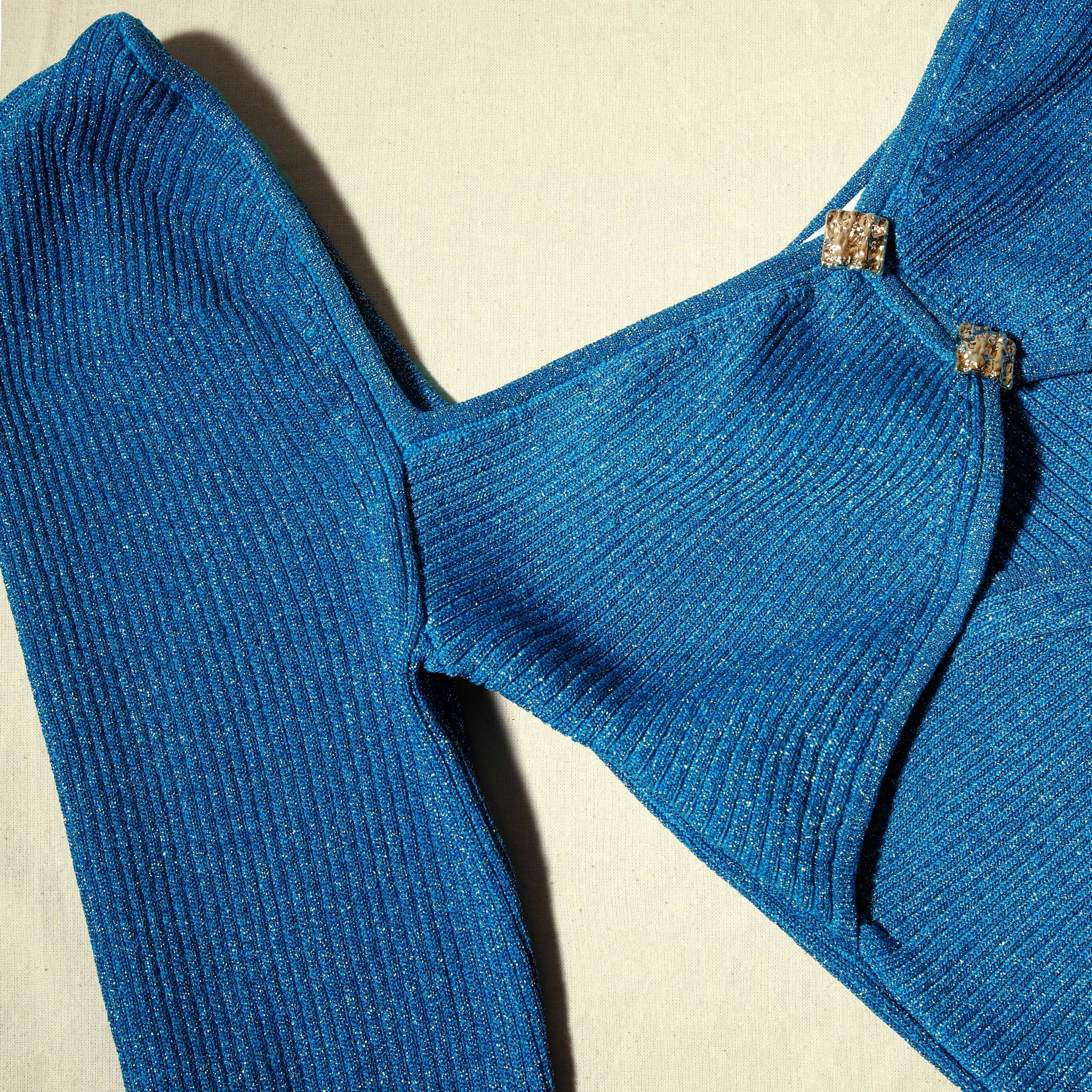 Blue Lurex Sweetheart Knit Midi Dress - 4