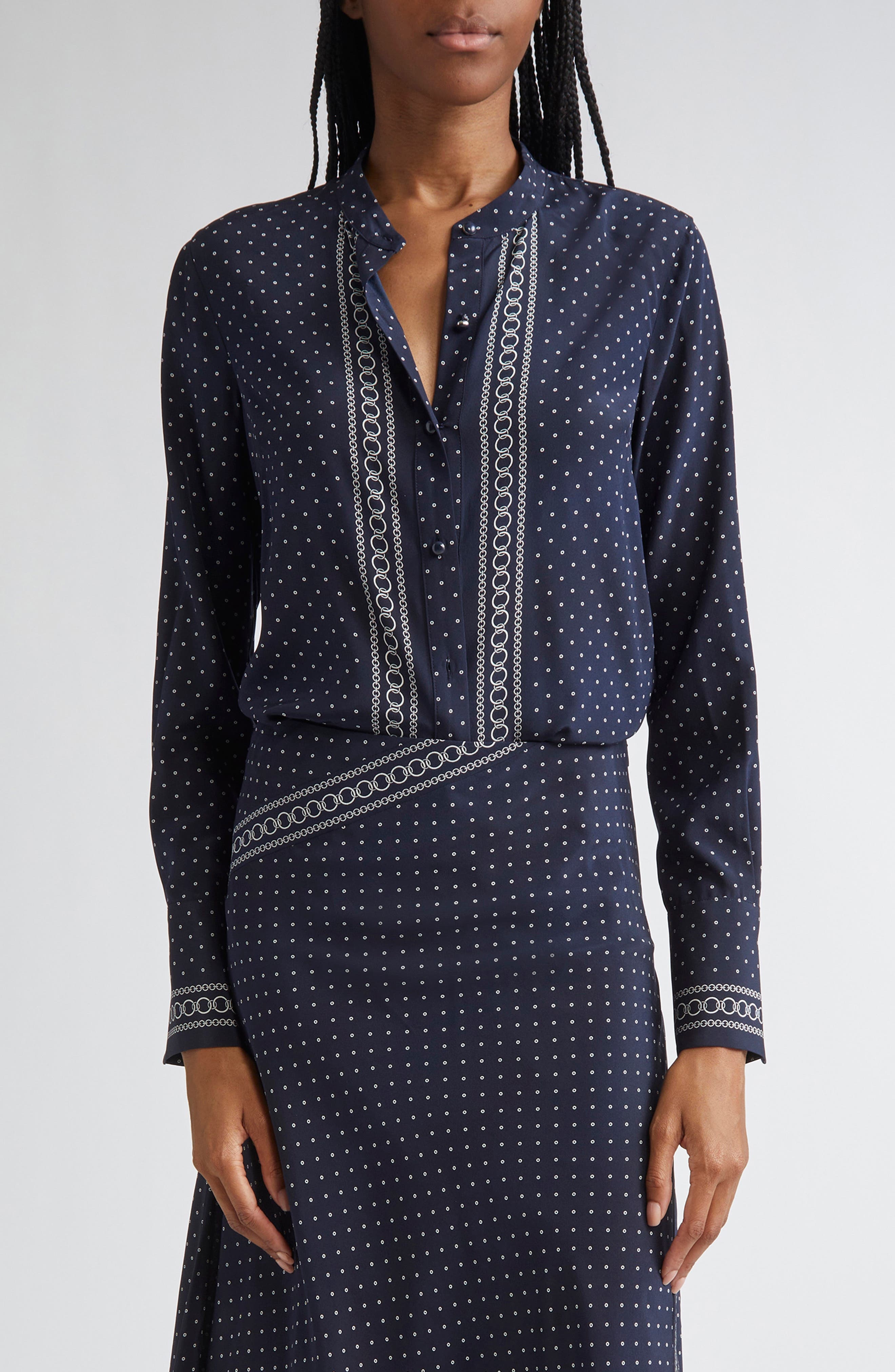 Veronica Beard Johnson Mixed Print Stretch Silk Button-Up Shirt in Navy Multi at Nordstrom - 1