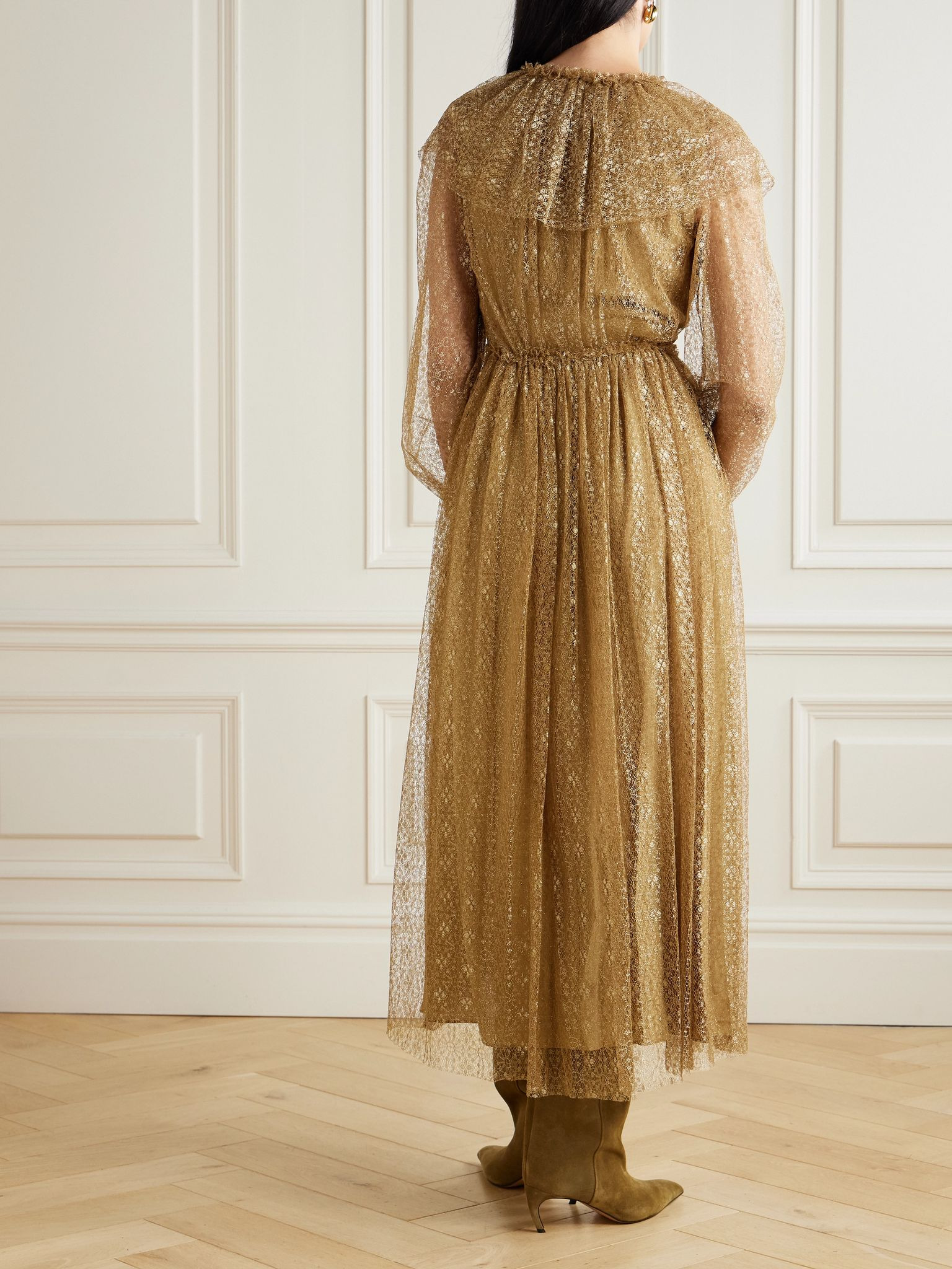 Helena ruffled metallic lace midi dress Gold - 3