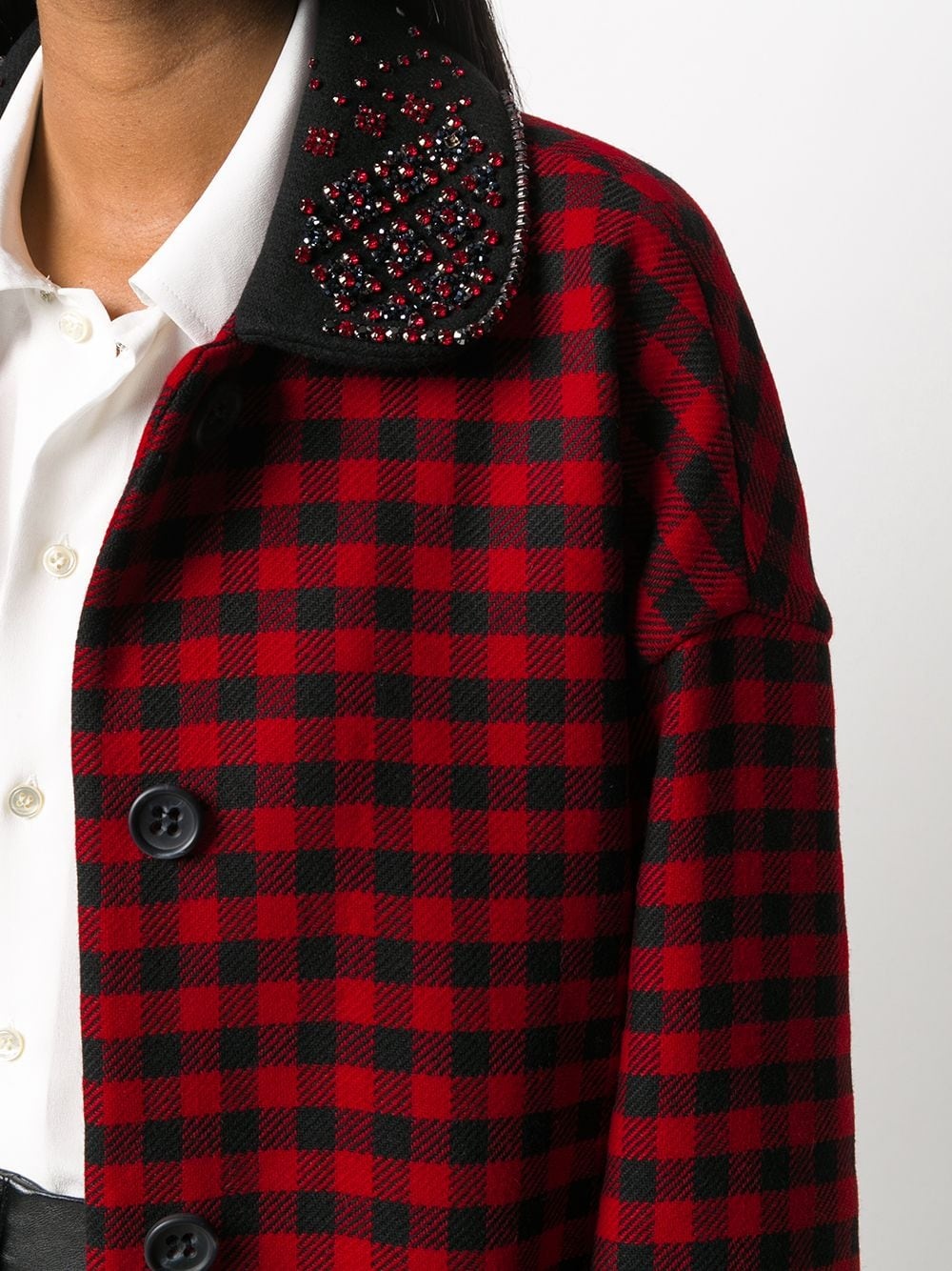 embellished collar check print coat - 5