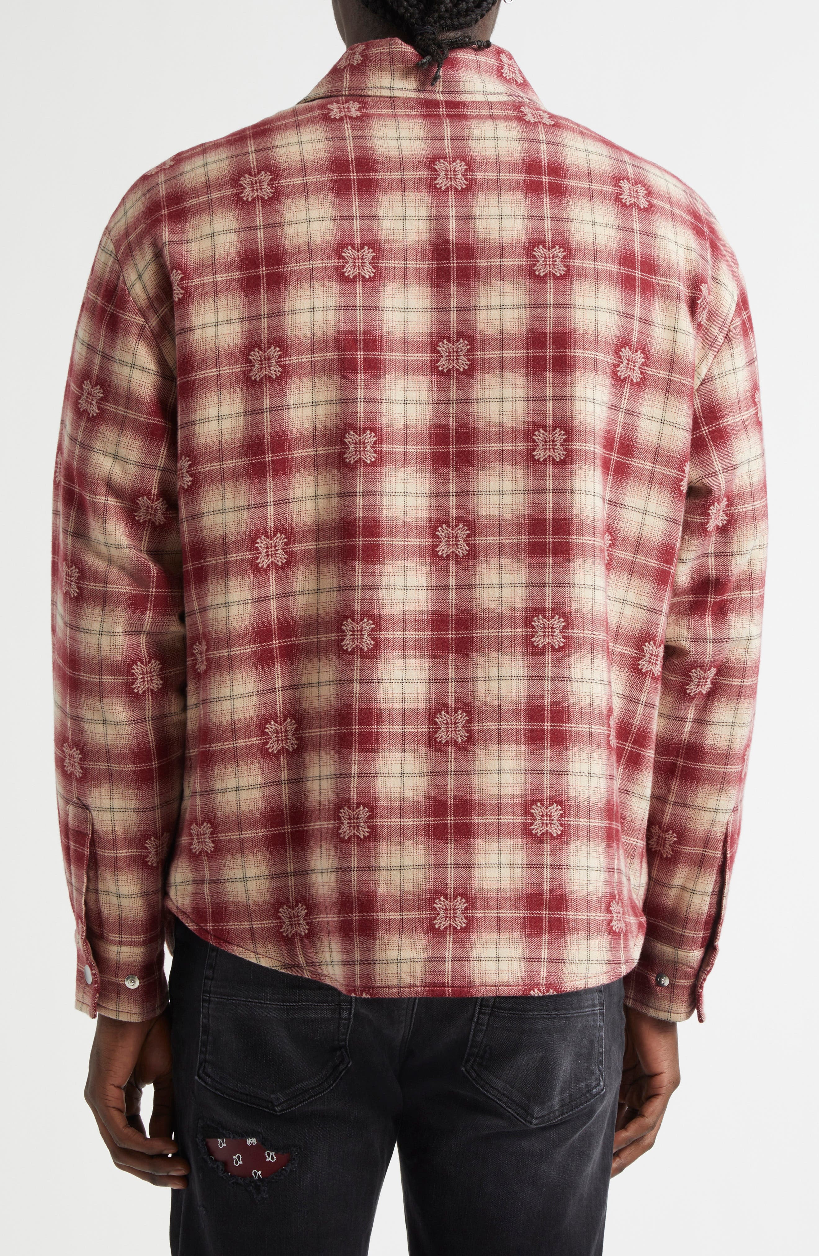 AMIRI Plaid Fleece Lined Cotton Flannel Snap-Up Overshirt in Deep Red at Nordstrom - 3
