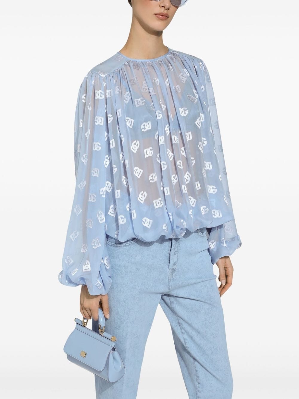 monogram-jacquard semi-sheer blouse - 5