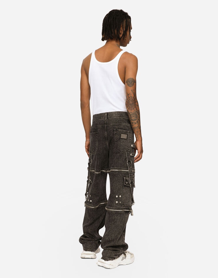 Light gray wash jeans with braces - 3