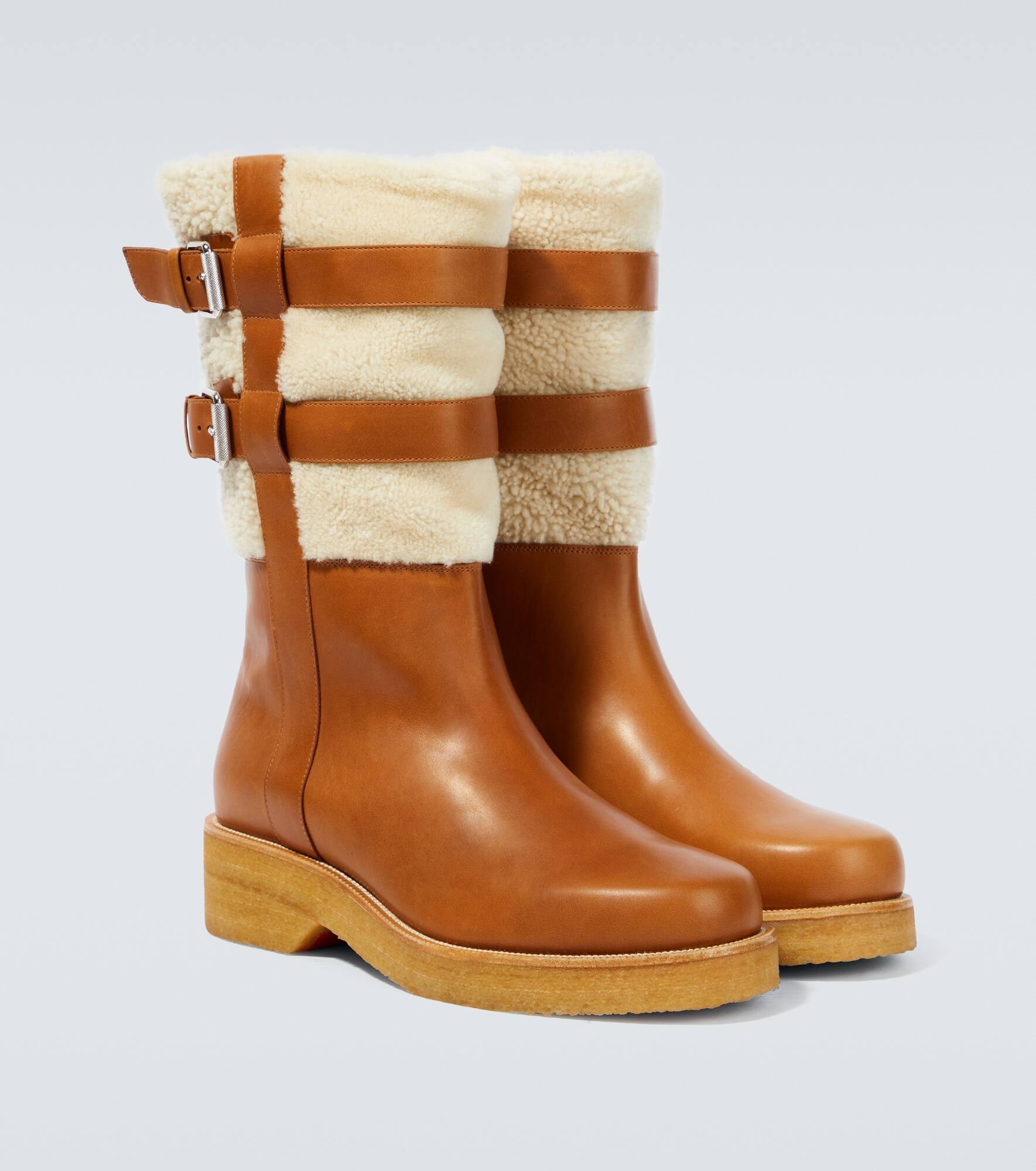 Shearling-trimmed leather boots - 5
