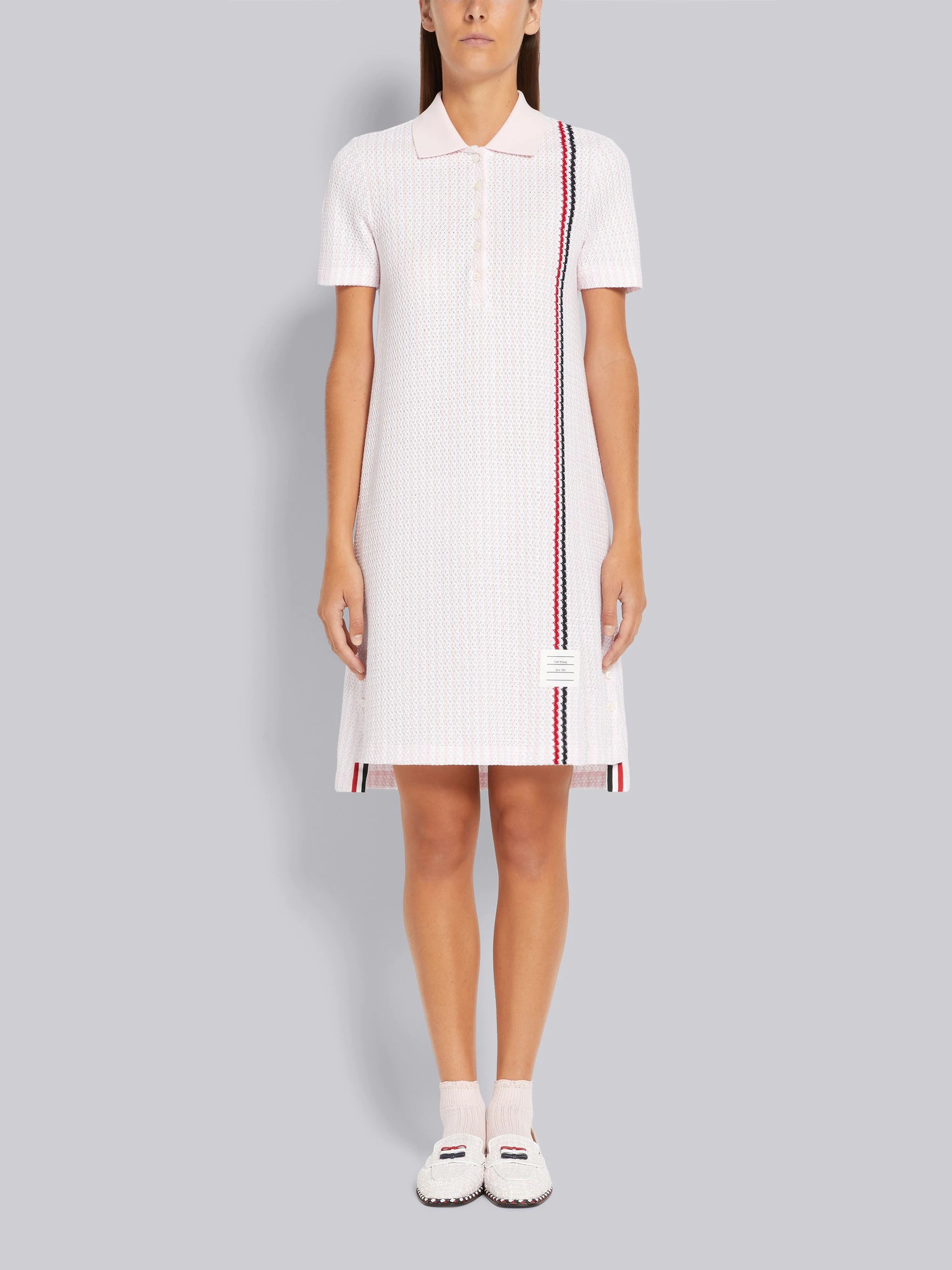 Light Pink University Stripe Cotton Tweed Engineered Stripe Mini Polo Dress - 1